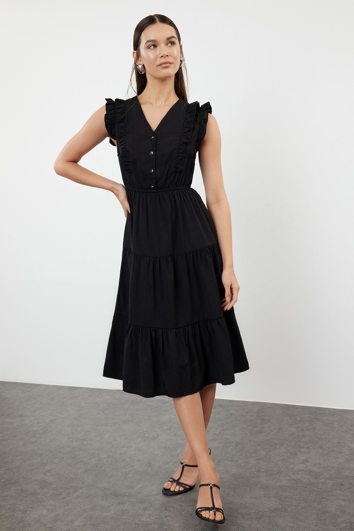 Trendyol Black Skater Form Ruffle Detailed Woven Dress