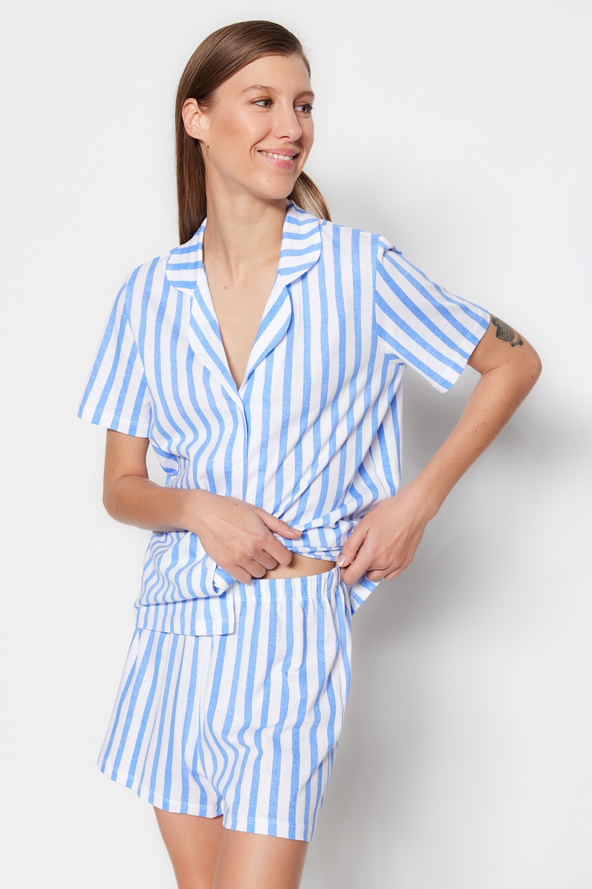 Trendyol Blue 100% Cotton Striped Shirt-Shorts Knitted Pajamas Set