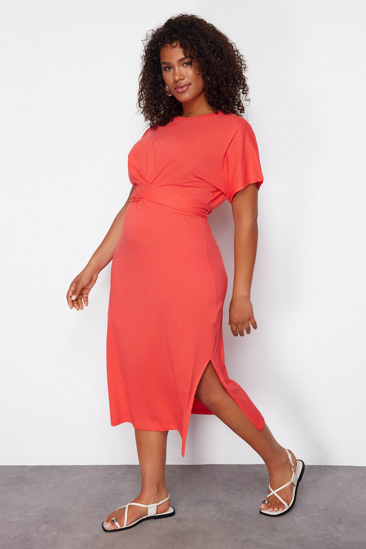 Trendyol Curve Red Straight Cut Tie Detailed Slit Maxi/Long 100% Cotton Knitted Dress