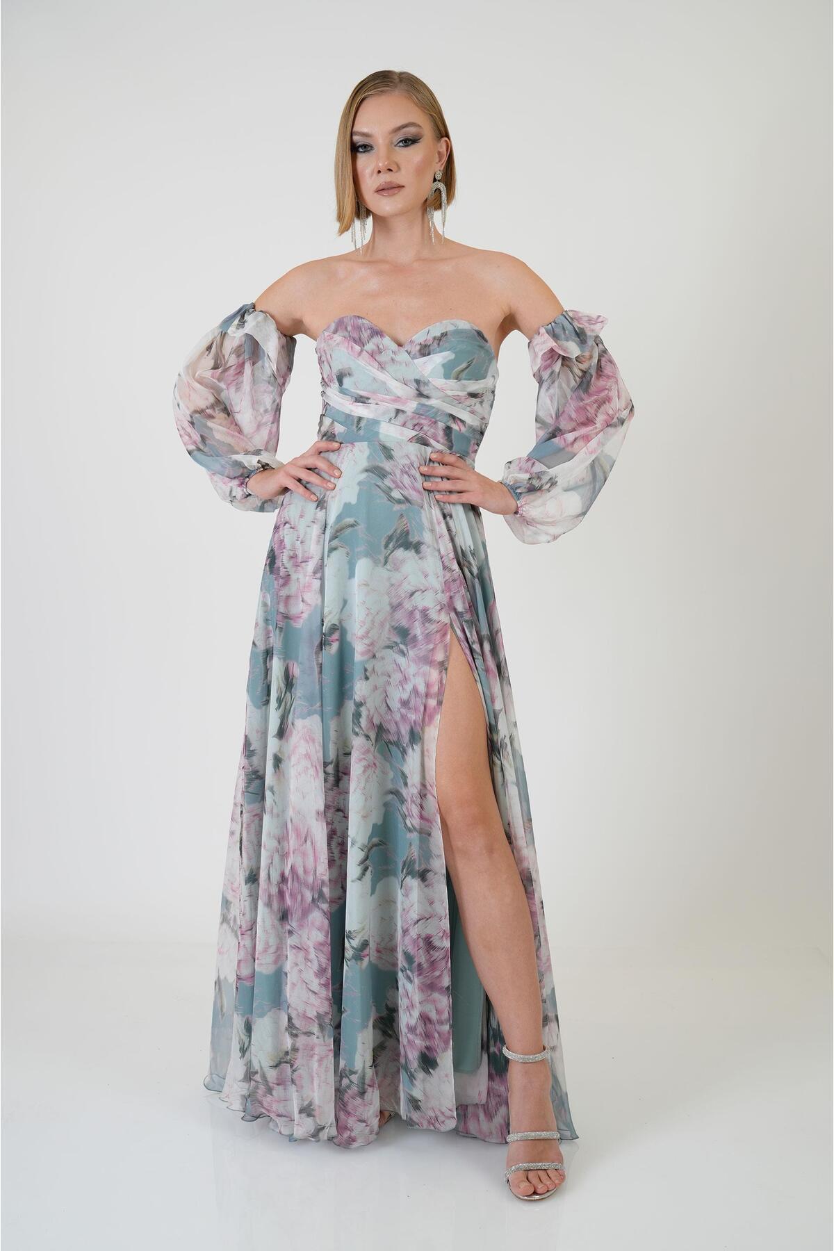 Carmen Çağla Strapless Slit Printed Evening Dress