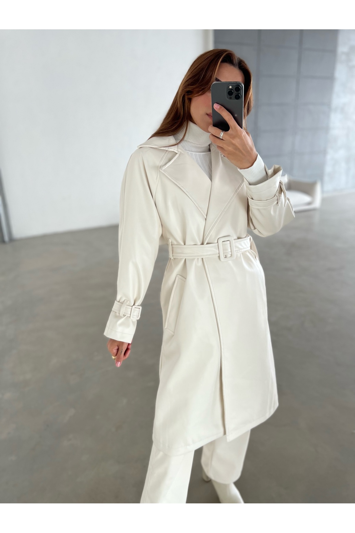 Laluvia Ecru Leather Belted Trench Coat