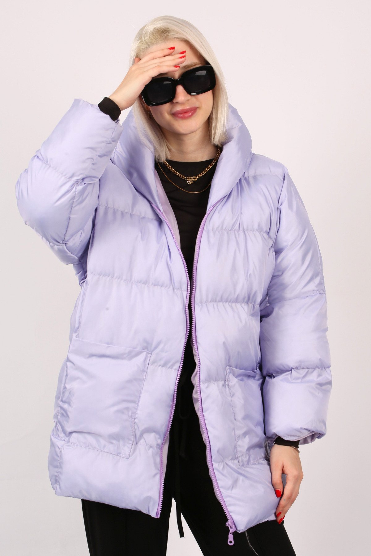 Levně Madmext Purple Hooded Pocket Detailed Women's Coat