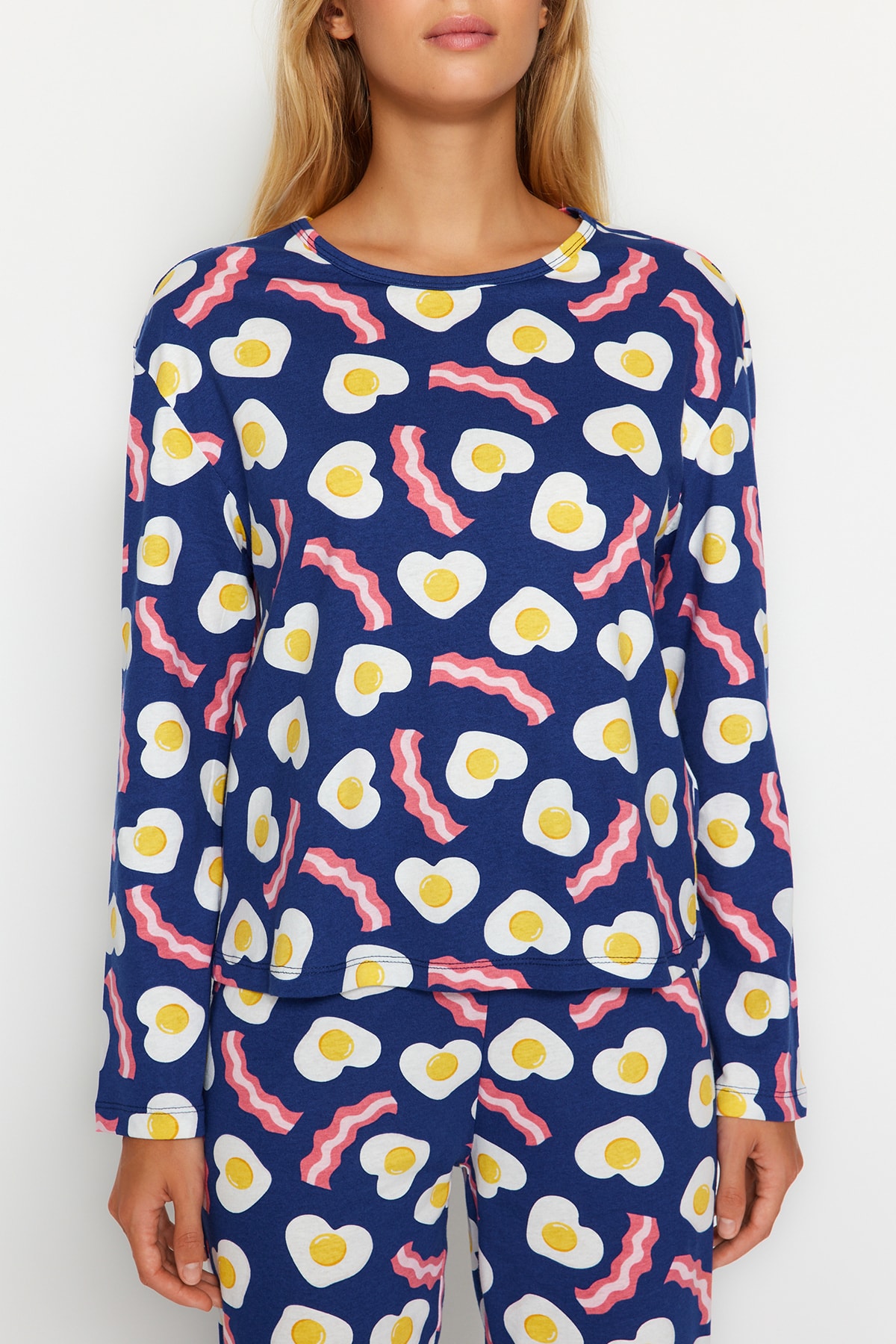 Trendyol Navy Blue 100% Cotton Breakfast Patterned T-shirt-Pants Knitted Pajamas Set