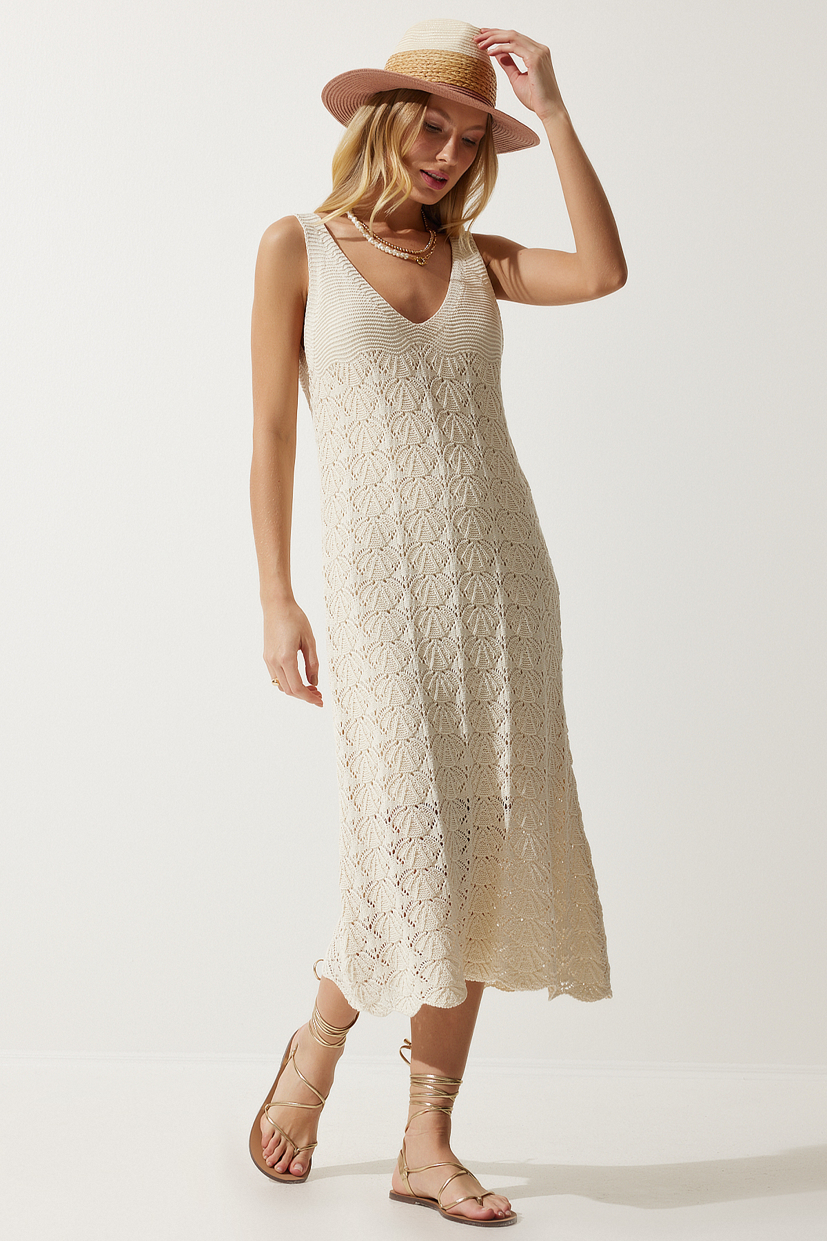 Happiness İstanbul Women's Cream Strappy Summer Knitwear Dress