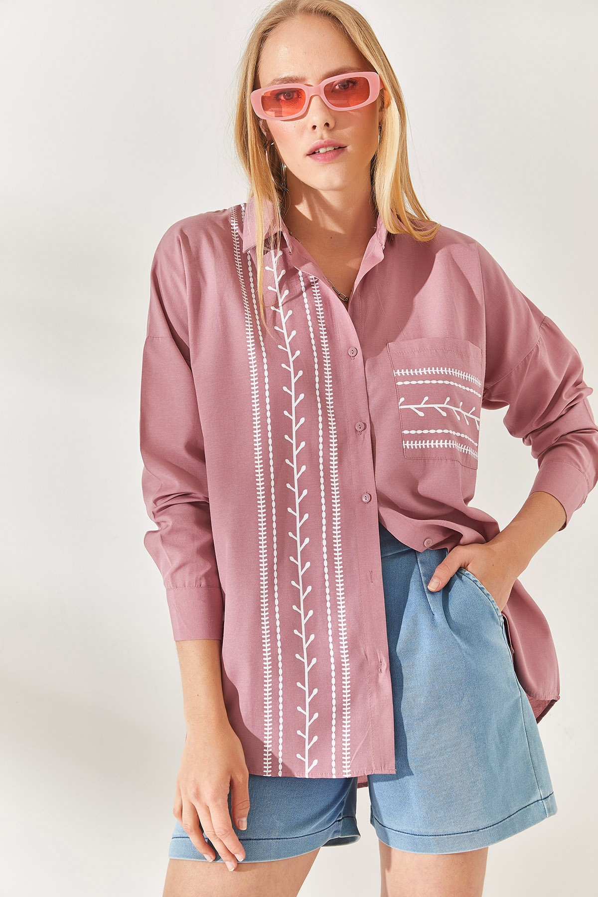 Levně Olalook Dried Rose Pocket Detailed Printed Woven Shirt