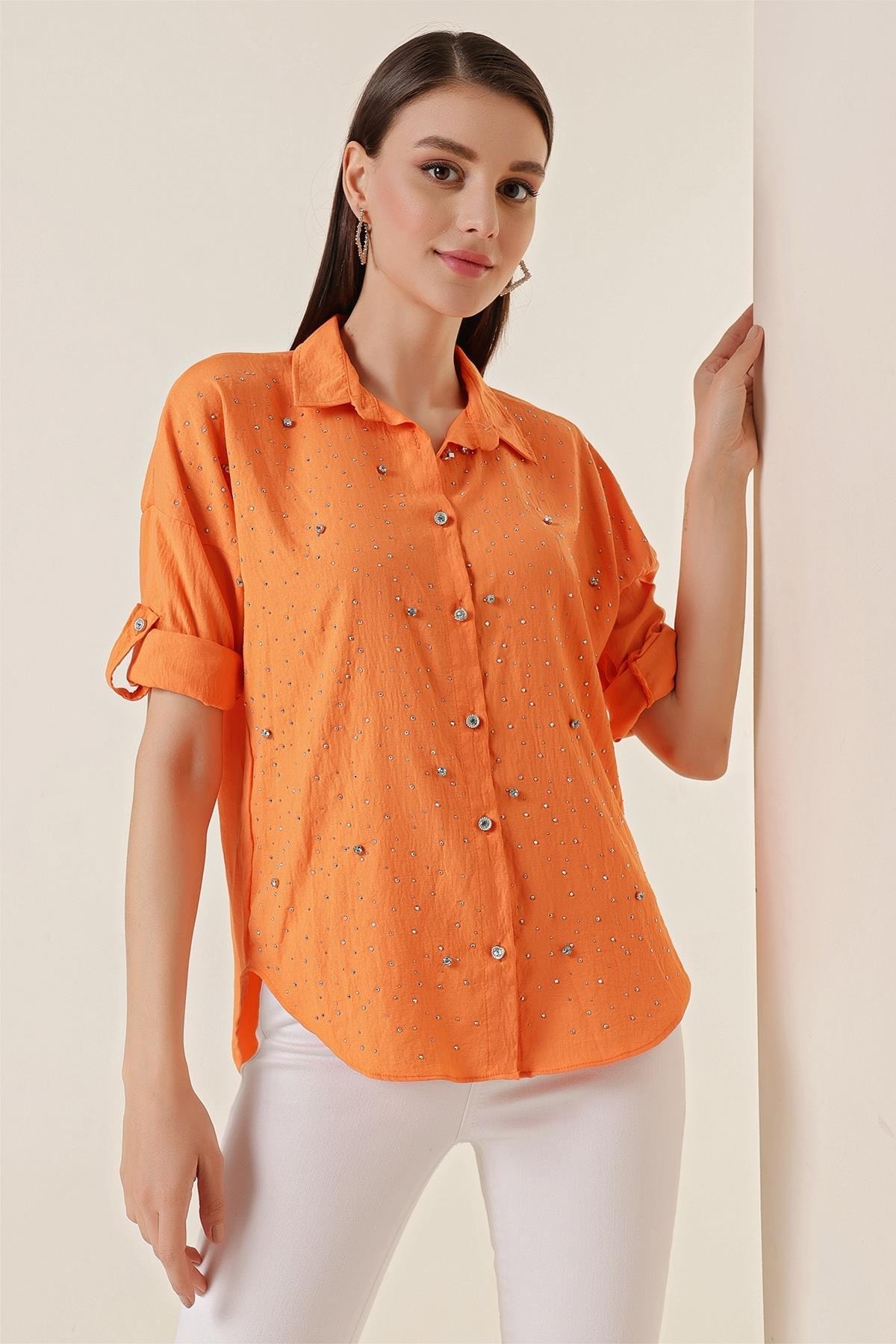 By Saygı Studded And Stone Buttoned Polo Neck Shirt Orange