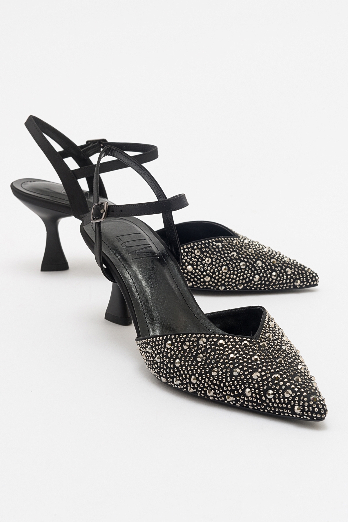 Levně LuviShoes VİLKA Black Satin Stone Pointed Toe Thin Heeled Evening Shoes