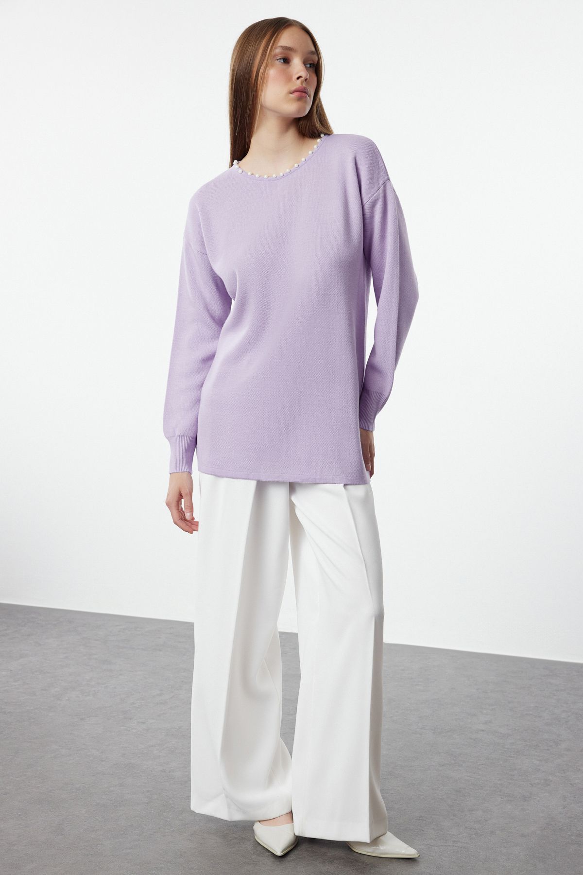 Trendyol Lilac Collar Pearled Knitwear Sweater