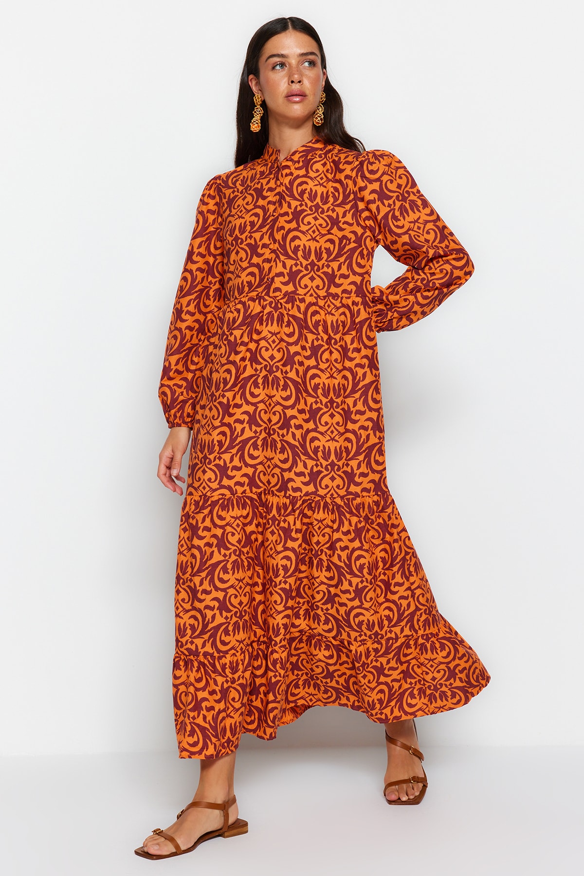 Trendyol Orange Patterned Half Paw Wide Fit Cotton Woven Dress