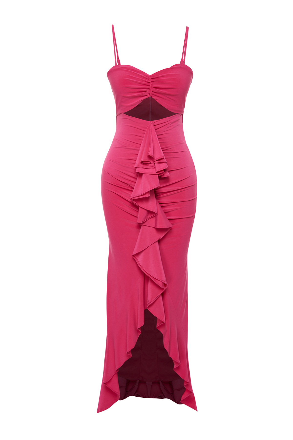 Trendyol Fuchsia Body-Sit Ruffle Knitted Long Elegant Evening Dress