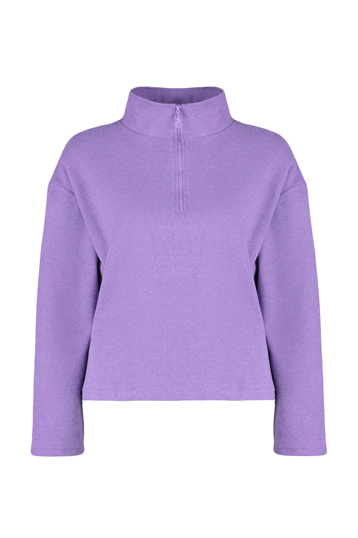Levně Trendyol Curve Purple Stand Collar Zippered Thessaloniki Thin Knitted Sweatshirt