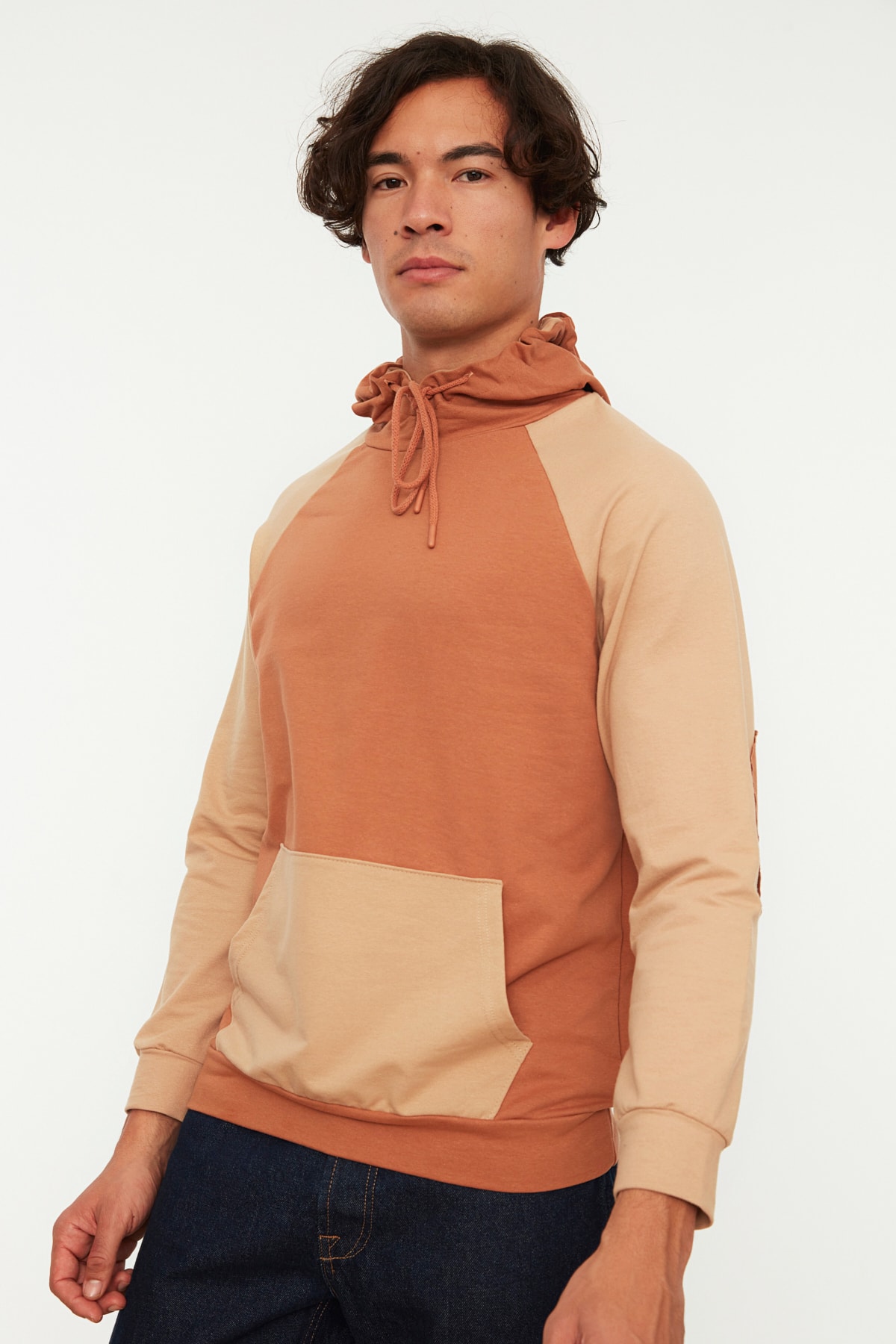 Trendyol Camel Mens Regular Fit Long Sleeve Hooded Paneled Sweatshirt