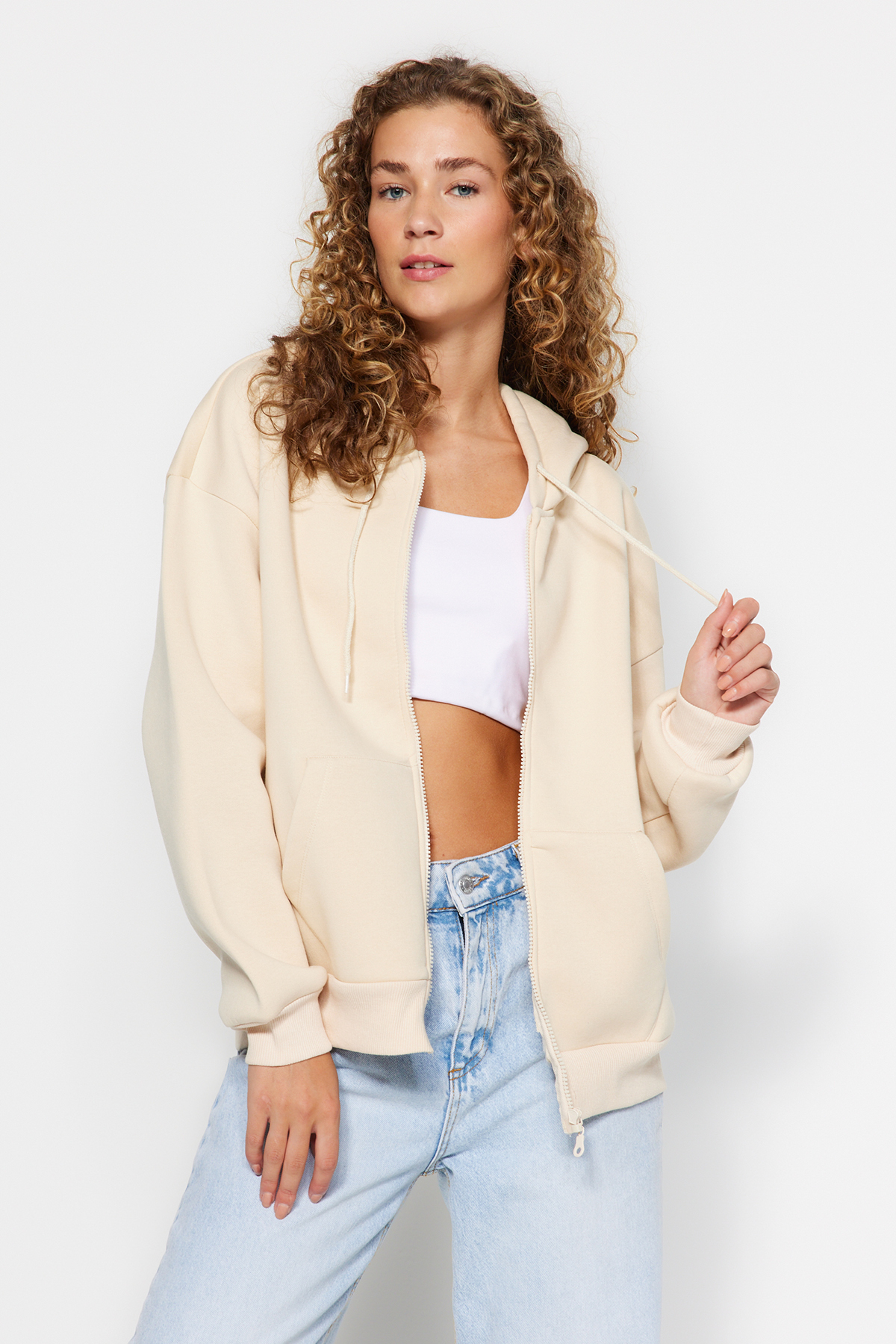 Trendyol Stone Oversize/Comfortable Cut Basic Hooded Zippered Thick Fleece Inside Knitted Sweatshirt