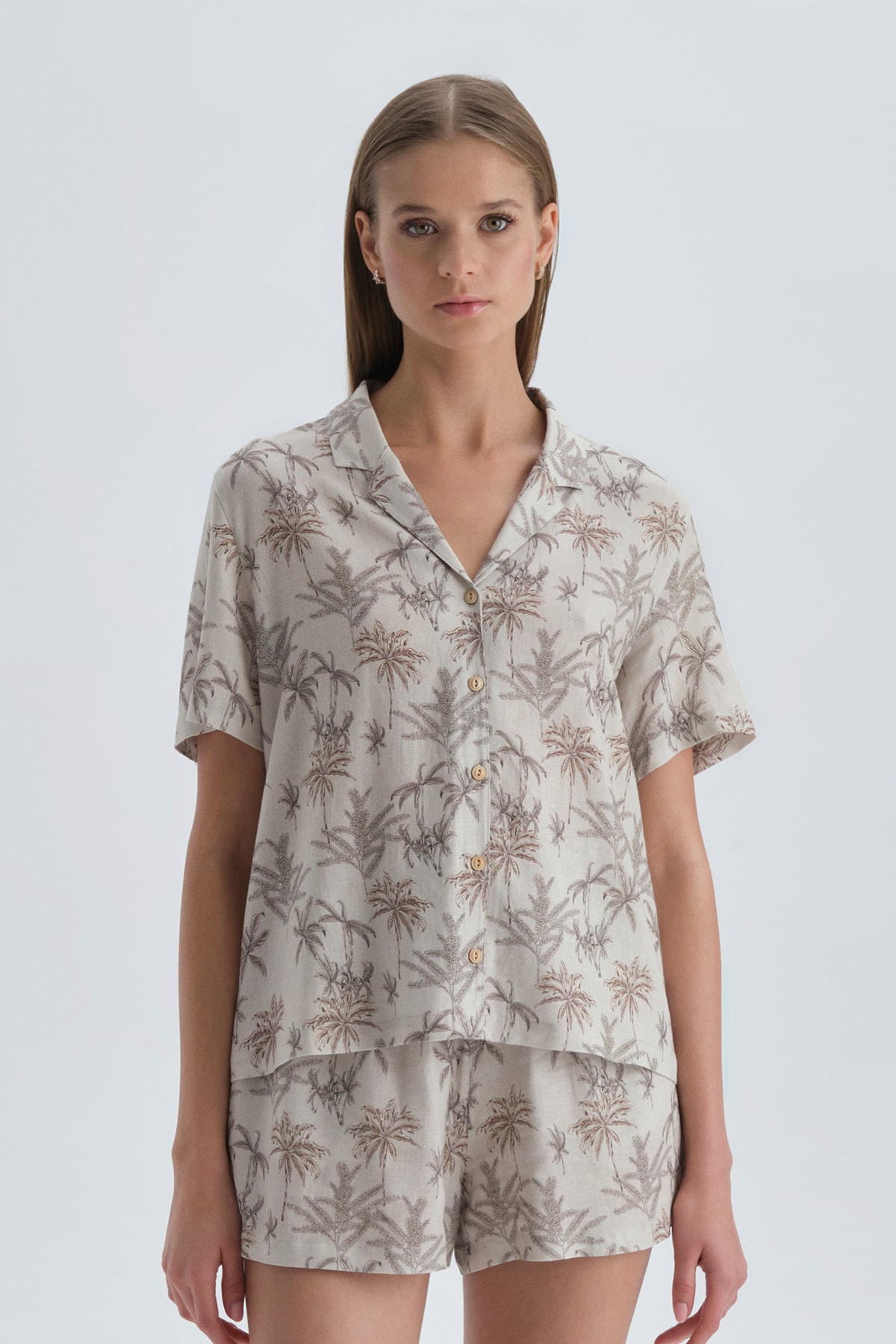Levně Dagi Beige Floral Linen Shirt