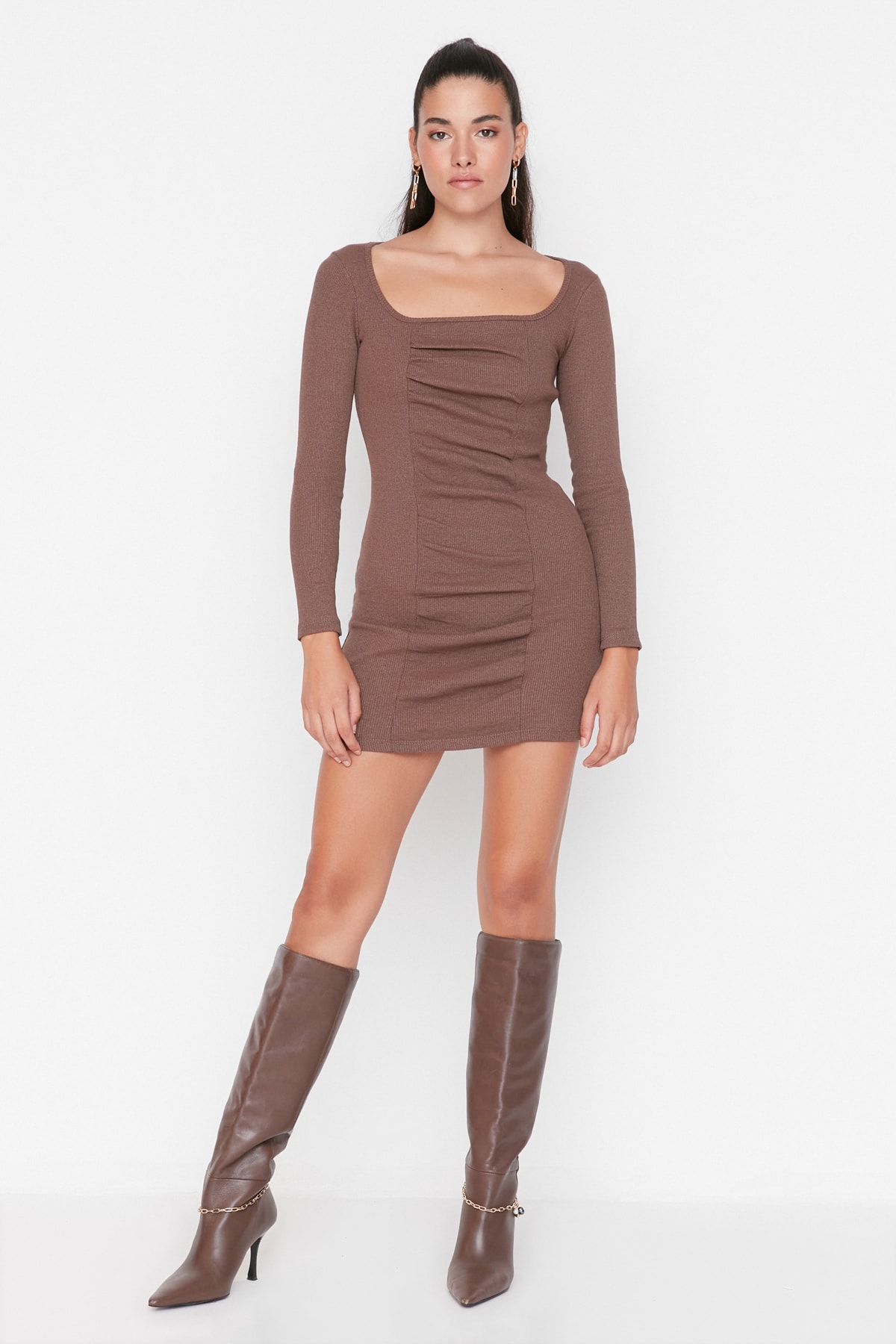 Trendyol Brown Knitted Shirred Dress