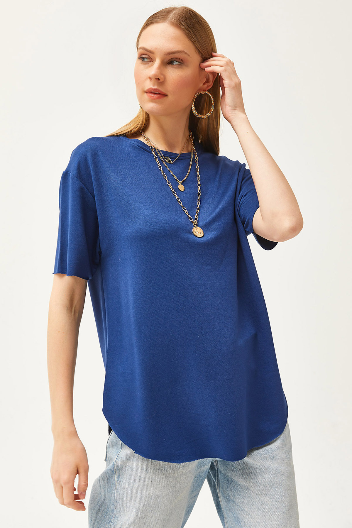 Olalook Women's Navy Blue Modal Touch Soft Textured Six Oval T-Shirt