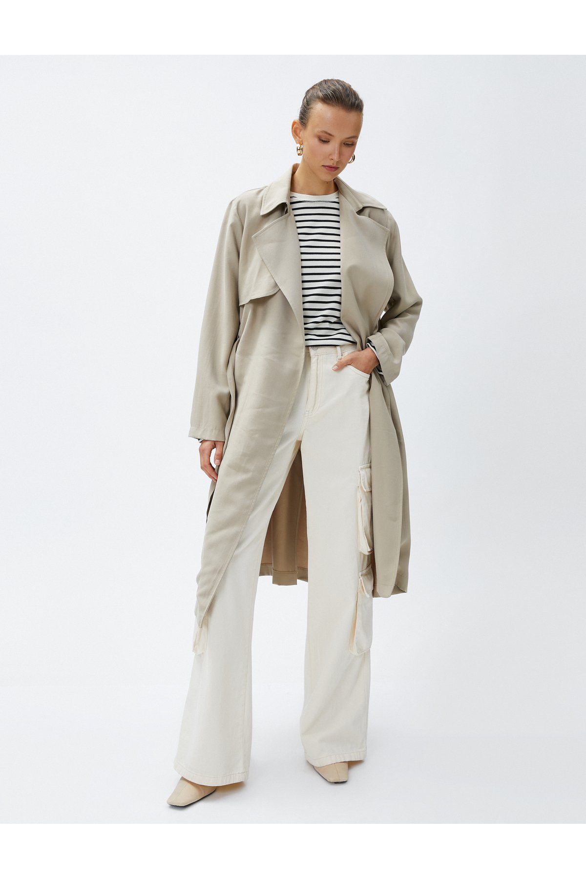 Levně Koton Flowy Double Breasted Trench Coat With Belt