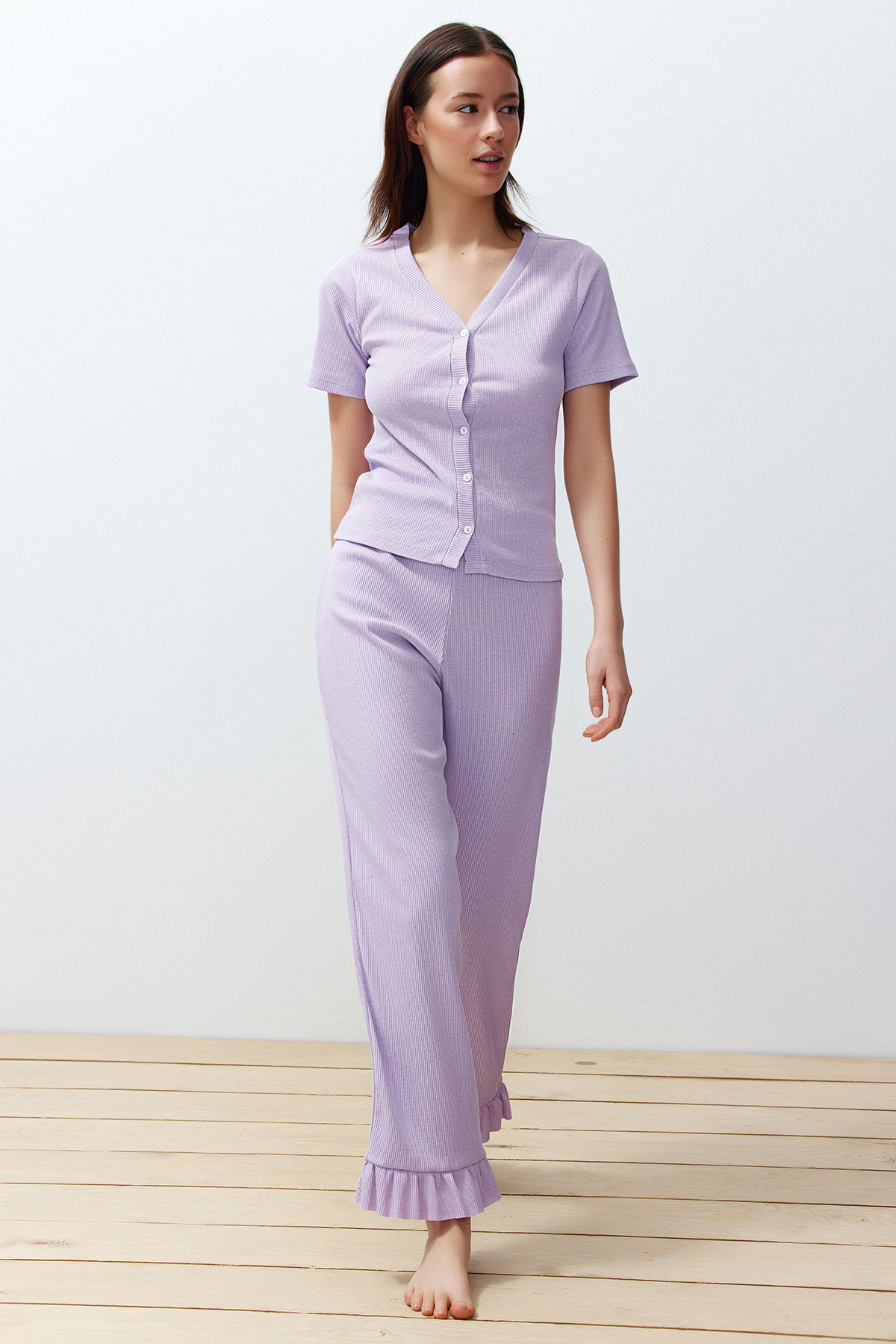 Trendyol Lilac Frill Detailed Corded Knitted Pajamas Set