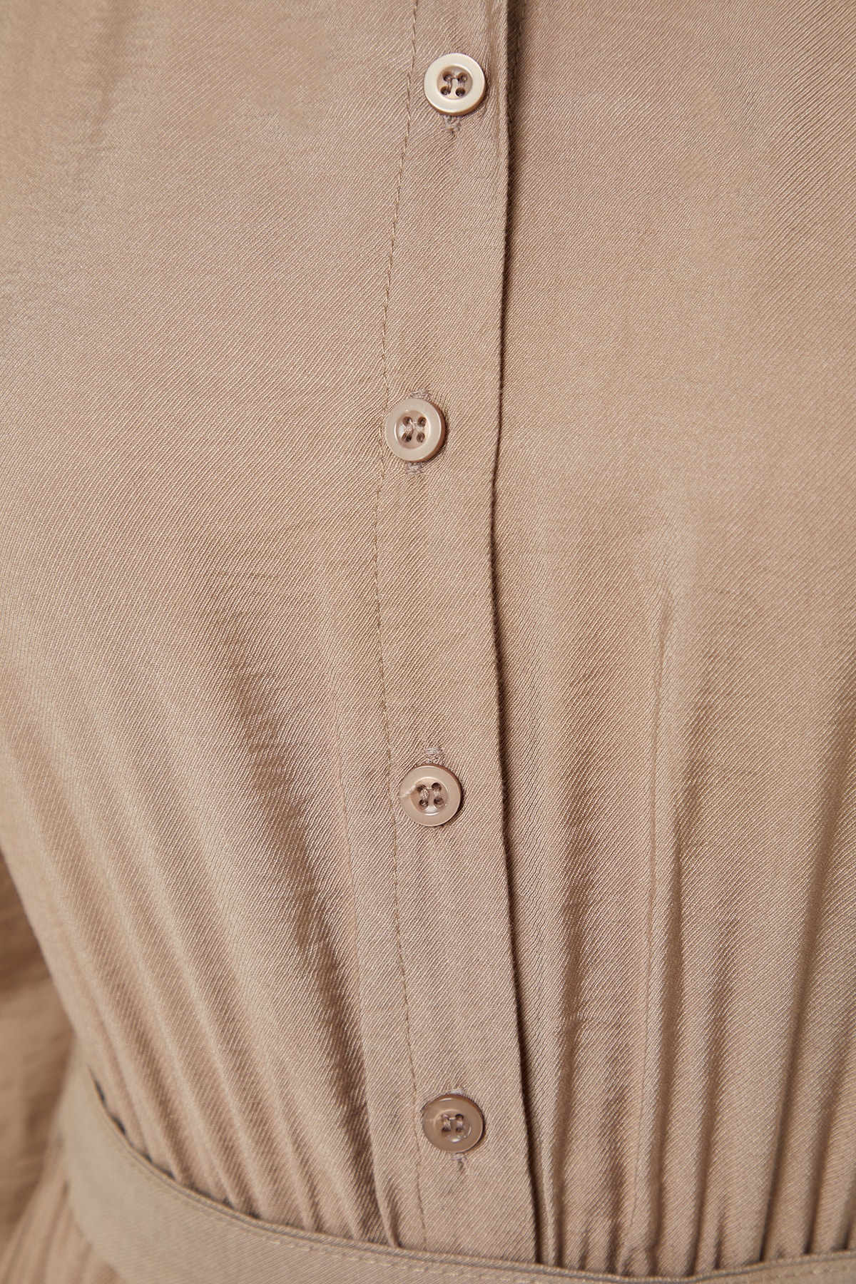 Trendyol Mink Belted Shoulder Detailed Flounce Skirt Buttoned Woven Shirt Dress