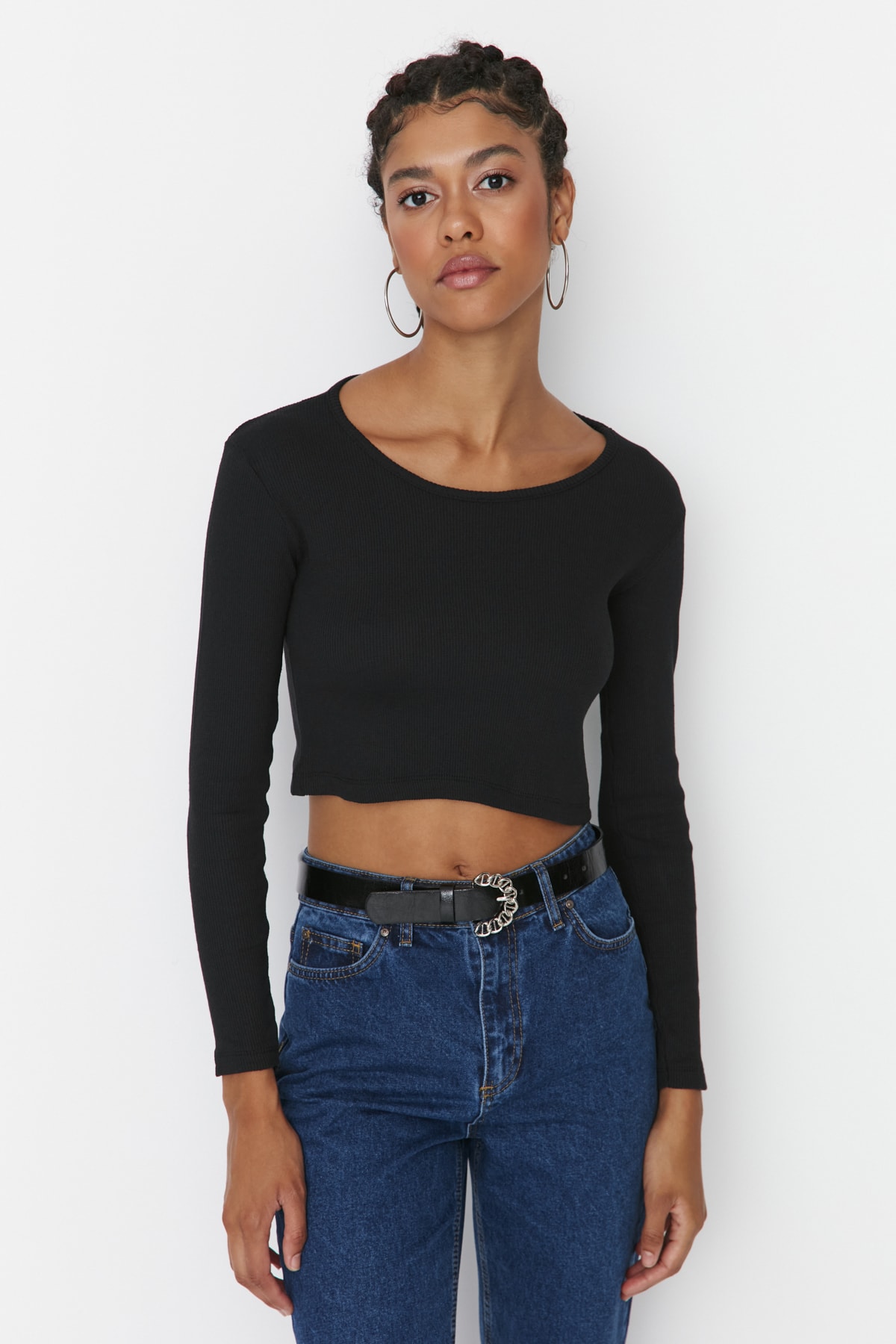 Trendyol Black and White 2-Pack Fitted Wide Collar Corduroy Stretchy Crop Knitted Blouse
