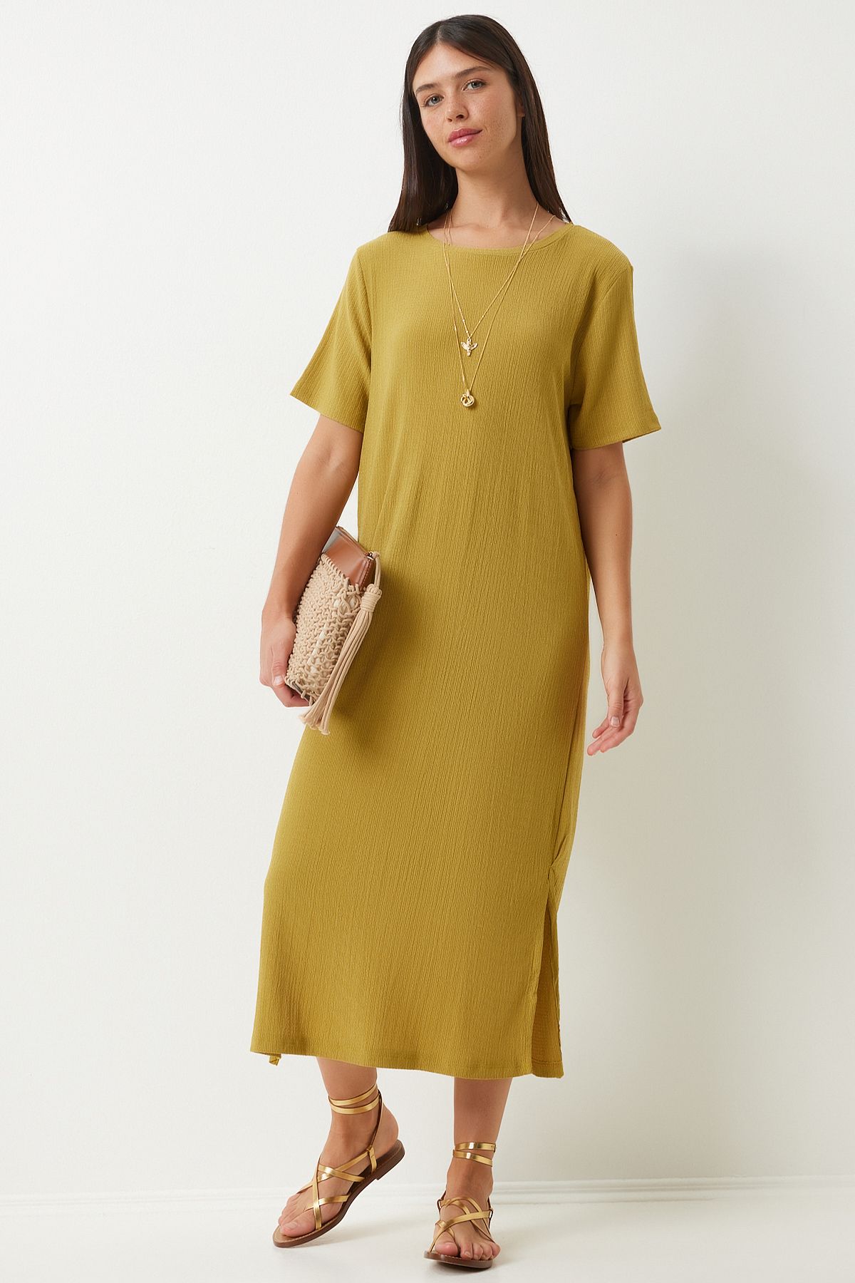 Happiness İstanbul Women's Oil Green Loose Long Daily Summer Knitted Dress