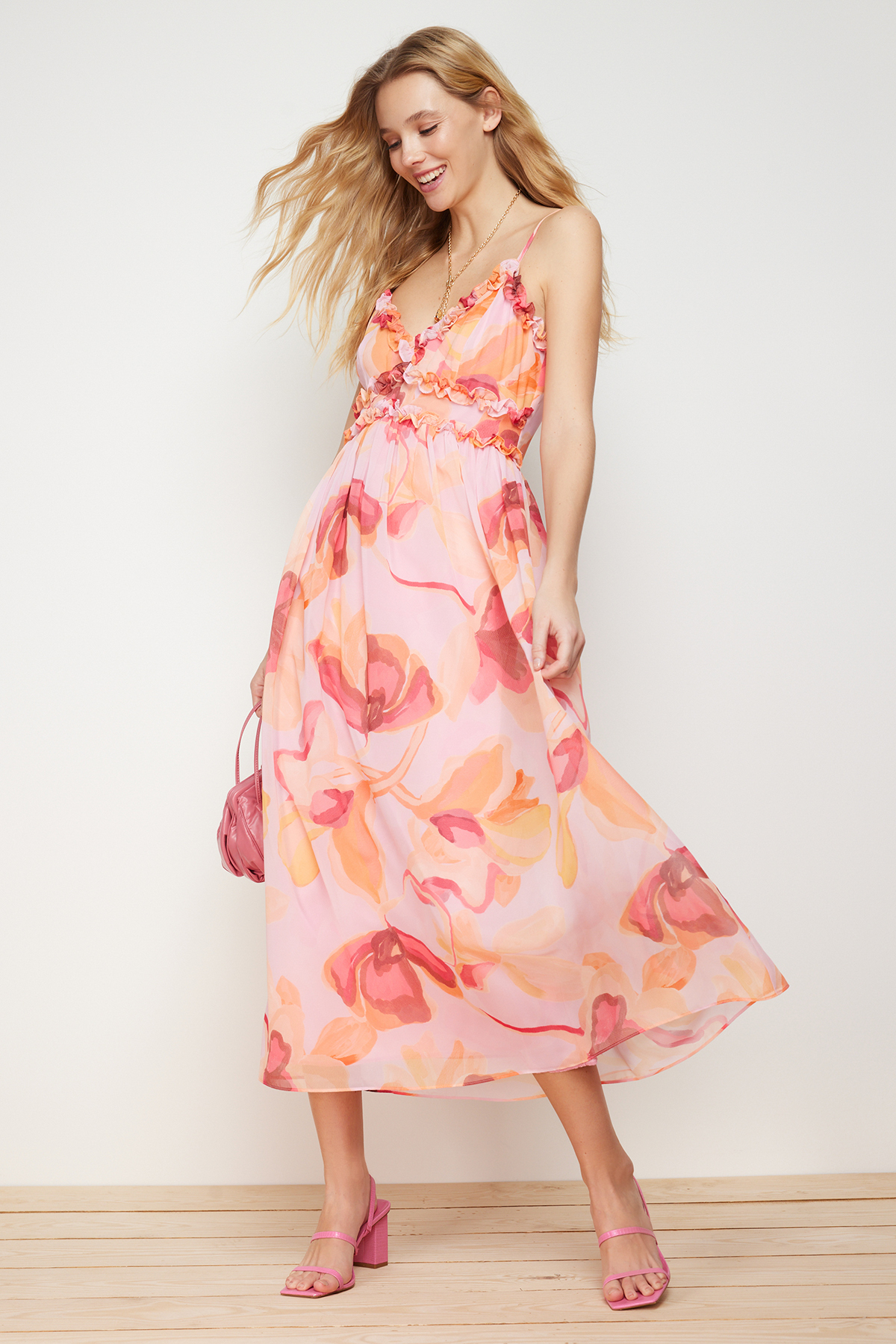 Trendyol Pink Floral Print A-Cut Ruffle Detailed Lined Chiffon Maxi Woven Dress