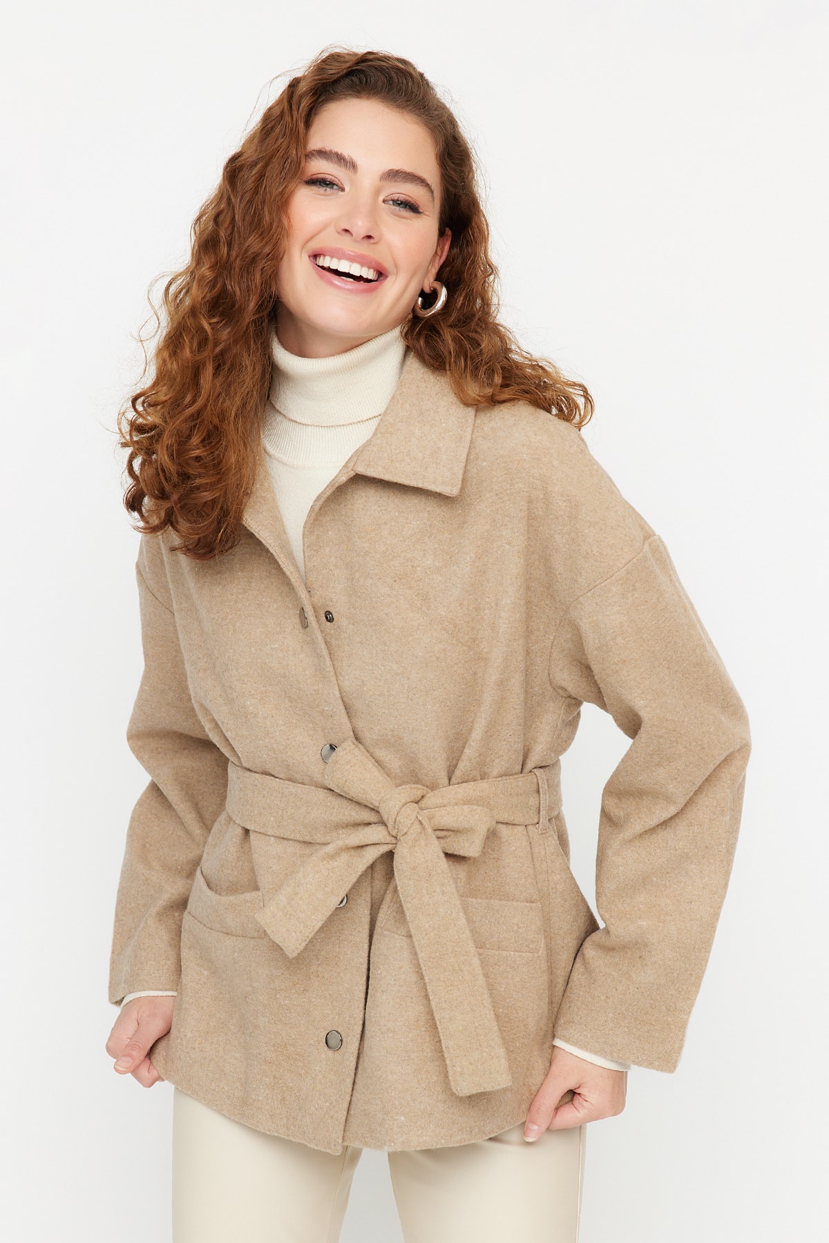 Trendyol Camel Belted Pocket Detailed Woolen Cachet Coat