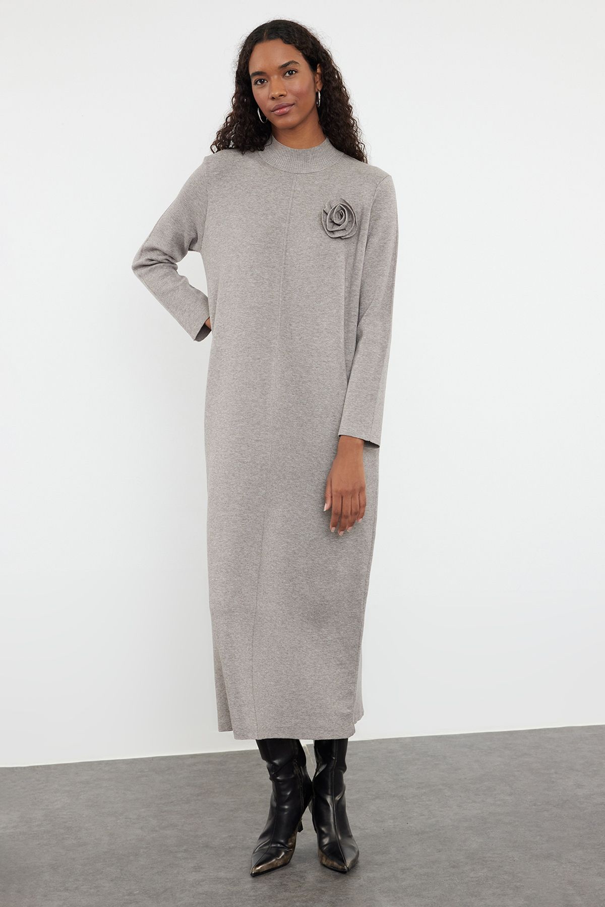 Trendyol Mink Flower Detailed Knitwear Dress
