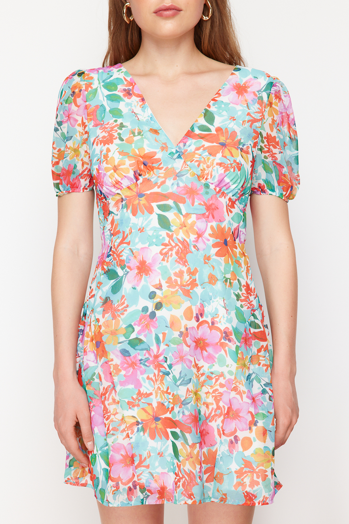 Trendyol Green Patterned Mini Woven Dress with Skater Skirt and Back Detail