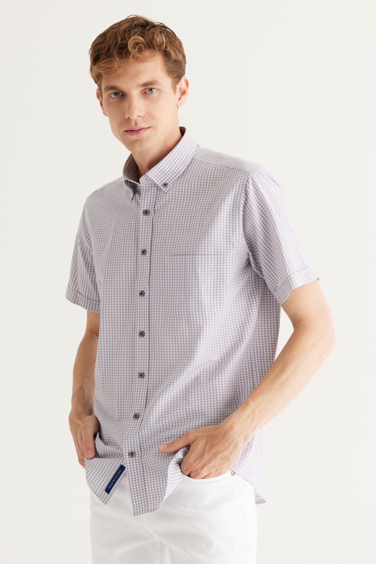 AC&Co / Altınyıldız Classics Men's Grey-white Comfort Fit Comfy Cut Buttoned Collar Cotton Gingham Shirt.