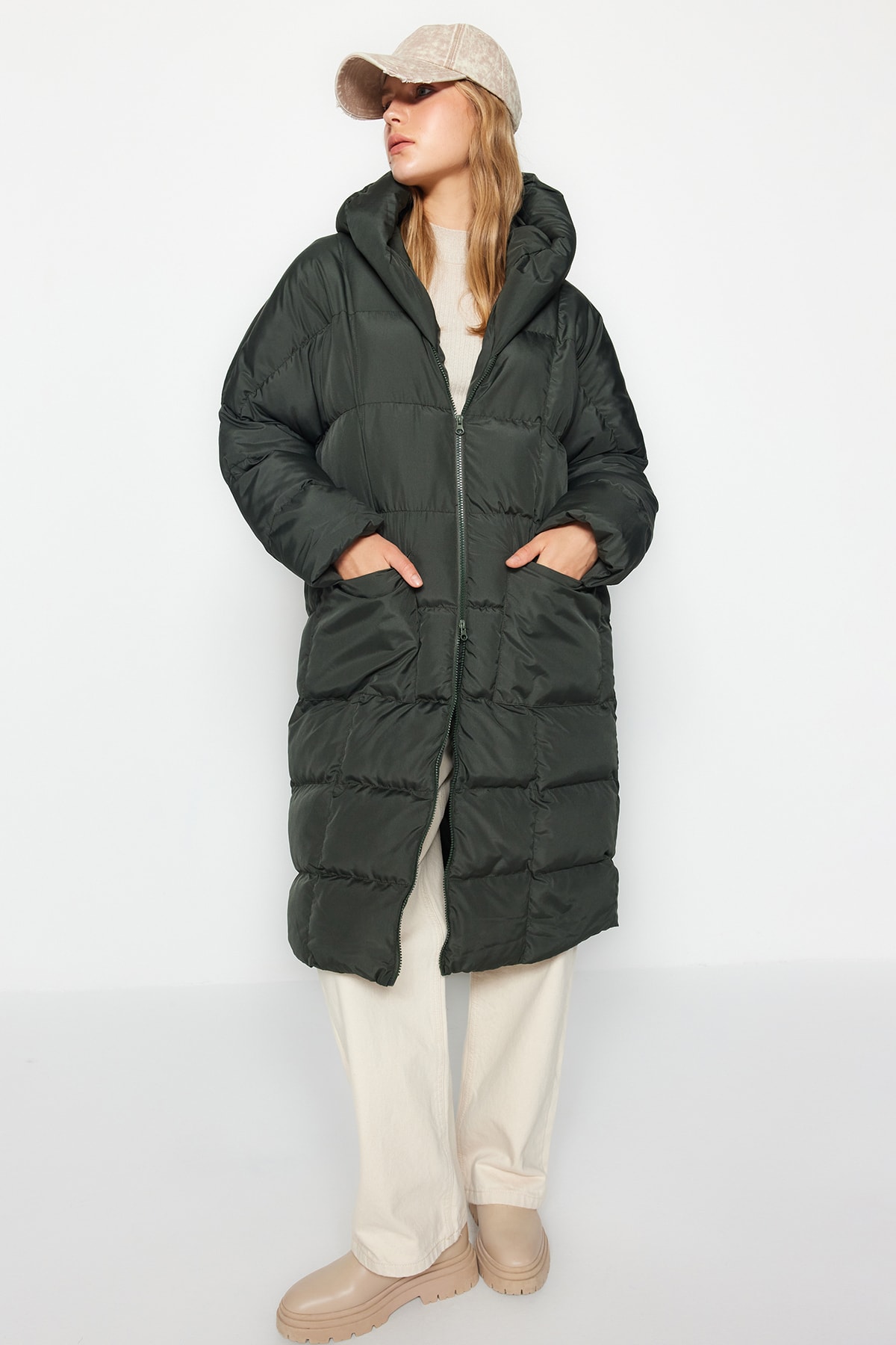 Trendyol Khaki Oversize kapucnis vízlepergető hosszú kabát