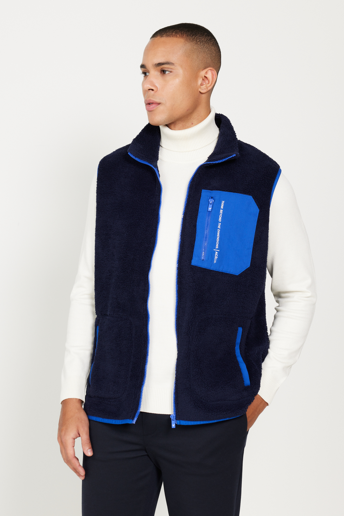 Levně AC&Co / Altınyıldız Classics Men's Navy Blue Standard Fit Normal Fit High Neck Sherpa Fleece Vest