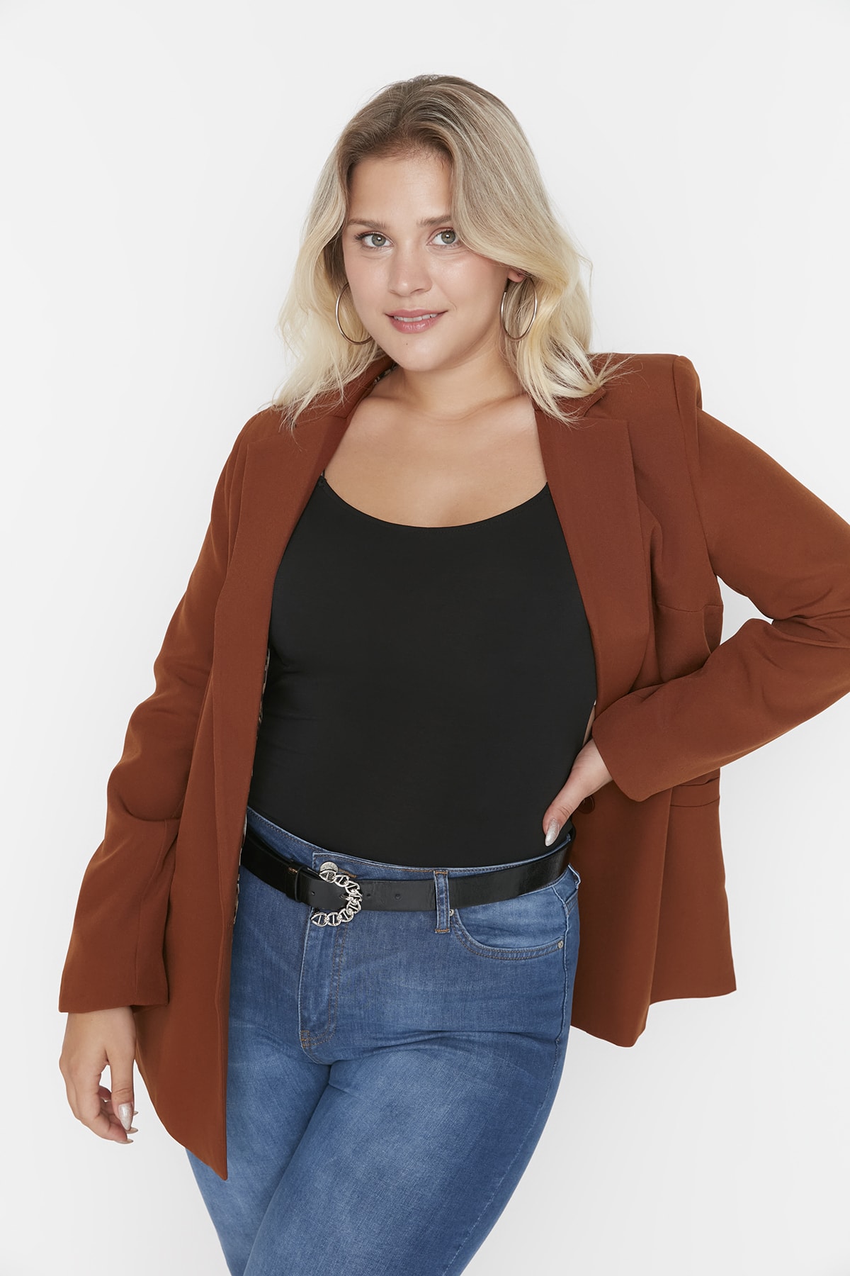 Trendyol Curve Brown Leopard Lining Detailed Blazer Woven Jacket