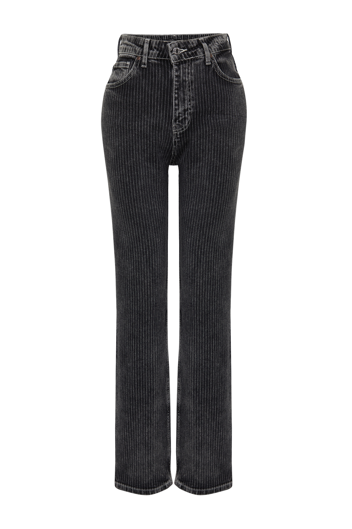Trendyol Black Striped High Waist Long Straight Jeans