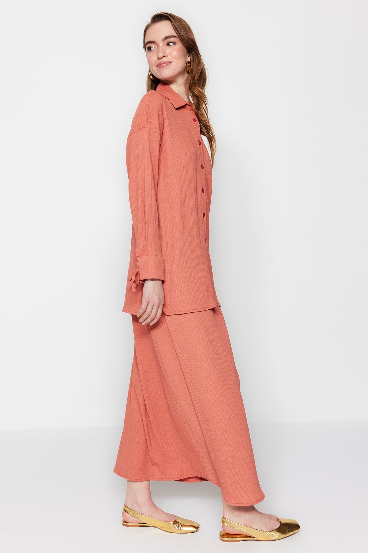 Trendyol Cinnamon Crinkle Look Tunic-Skirt Knitted Set