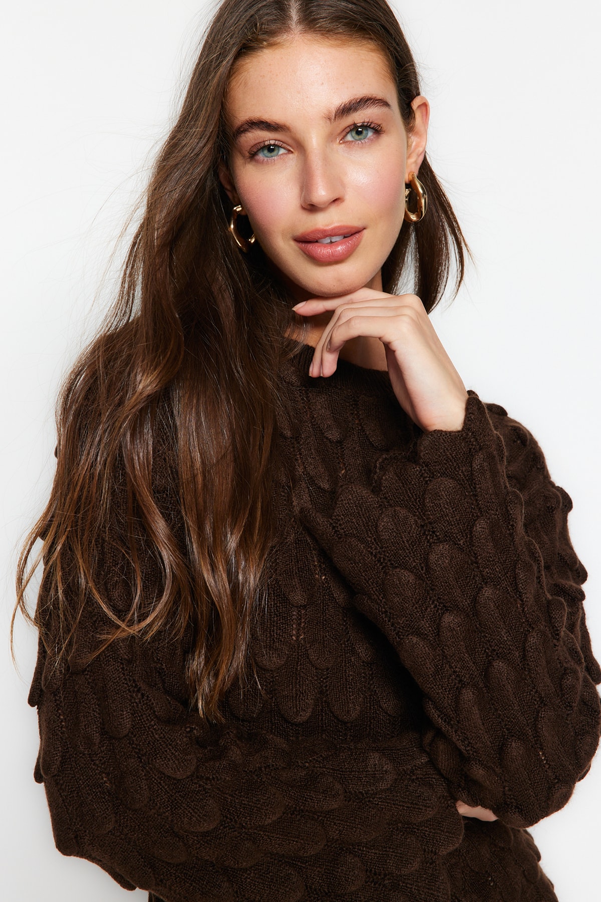 Trendyol Brown Soft Textured Patterned Crewneck Knitwear Sweater