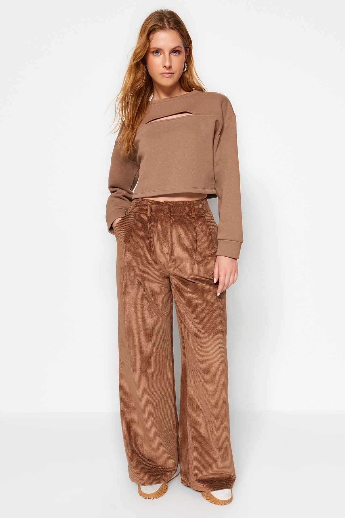 Trendyol Mink High Waist Wide Leg Weave Trousers