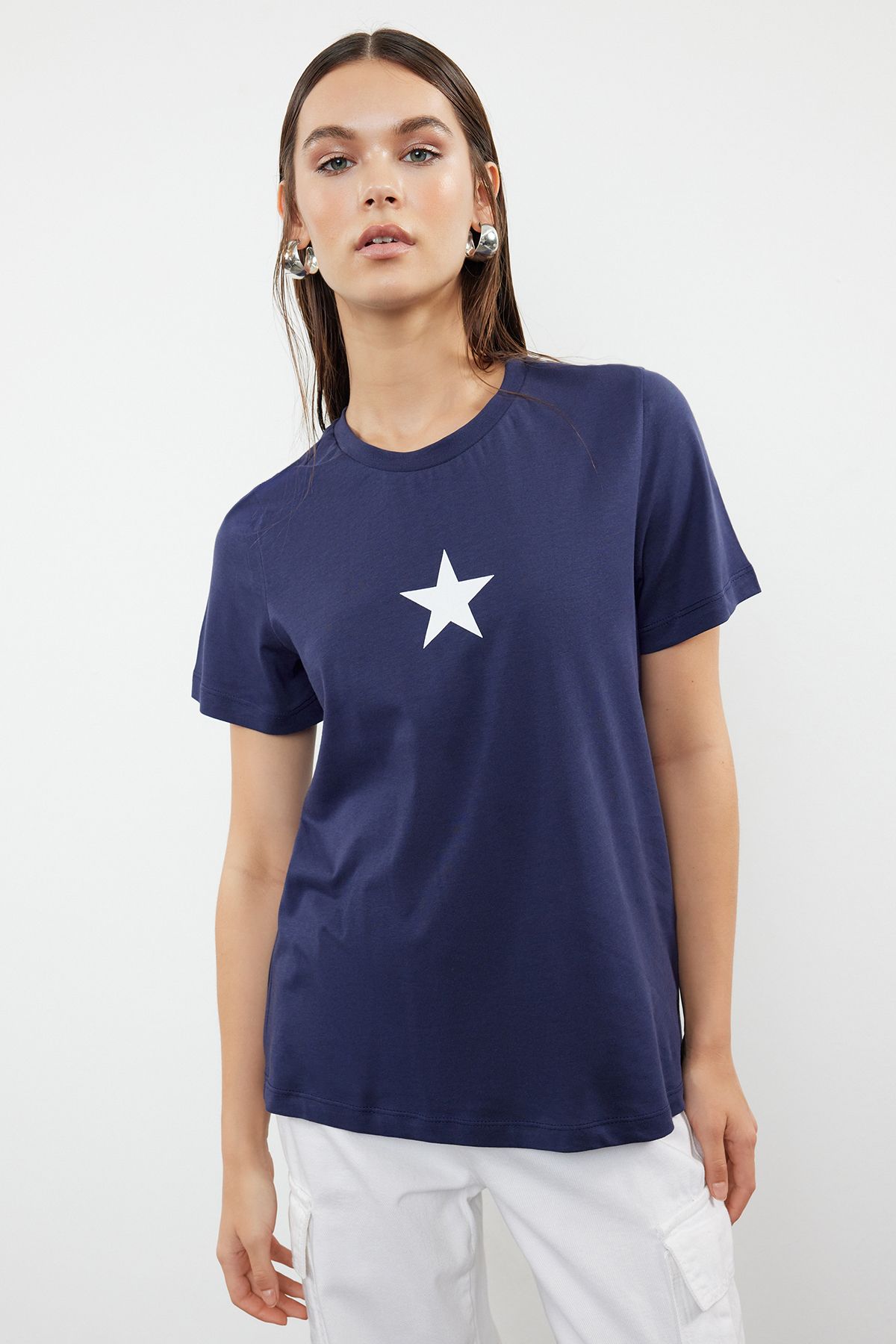 Trendyol Navy Blue 100% Cotton Star Printed Regular/Normal Pattern Crew Neck Knitted T-Shirt