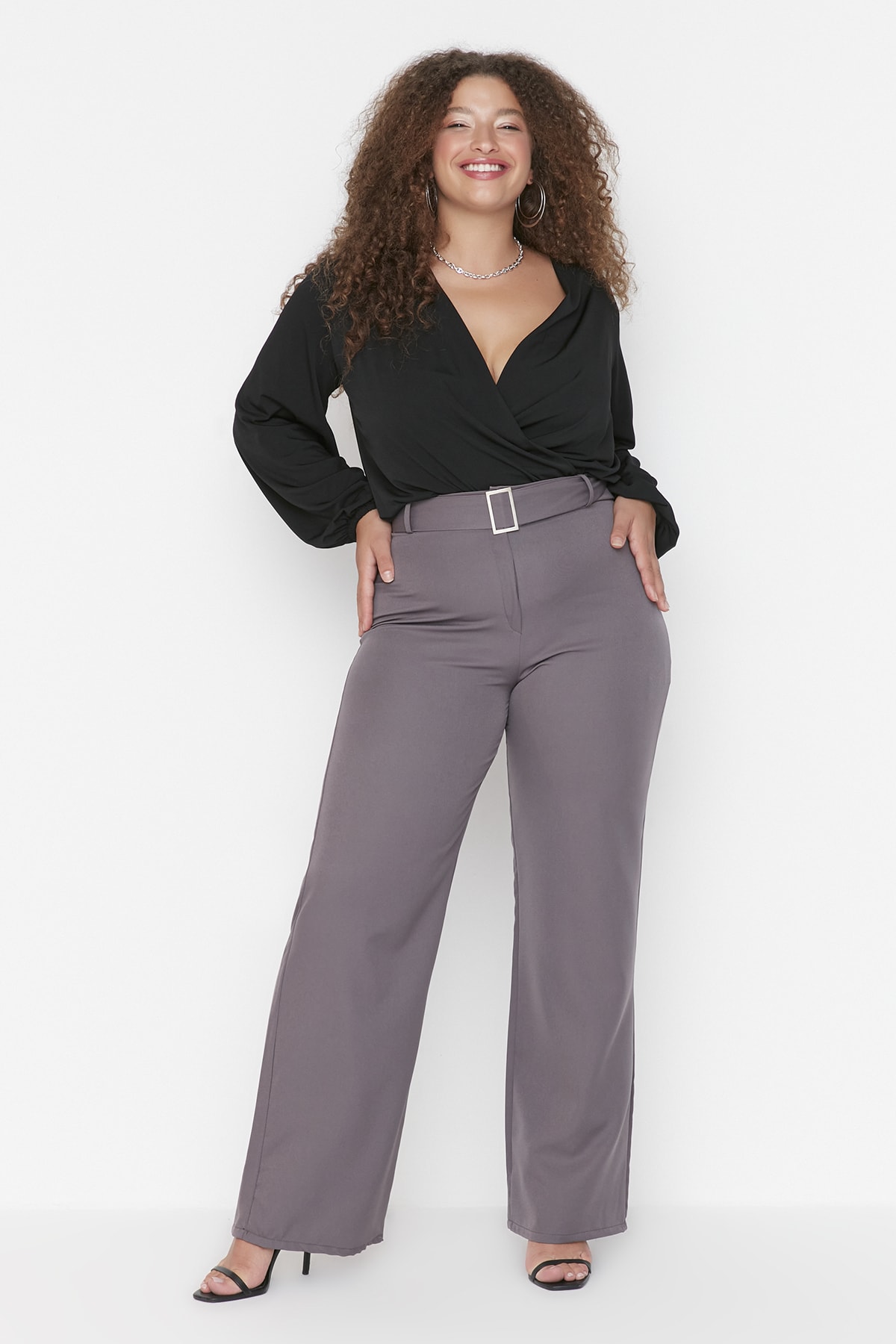 Trendyol Curve Anthracite High Waist Pipe Leg Weave Trousers