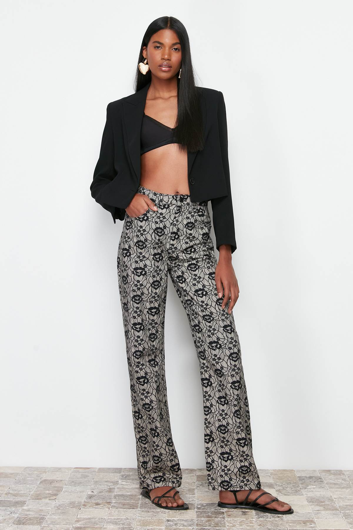 Trendyol Black Printed High Waist Wide Leg Jeans