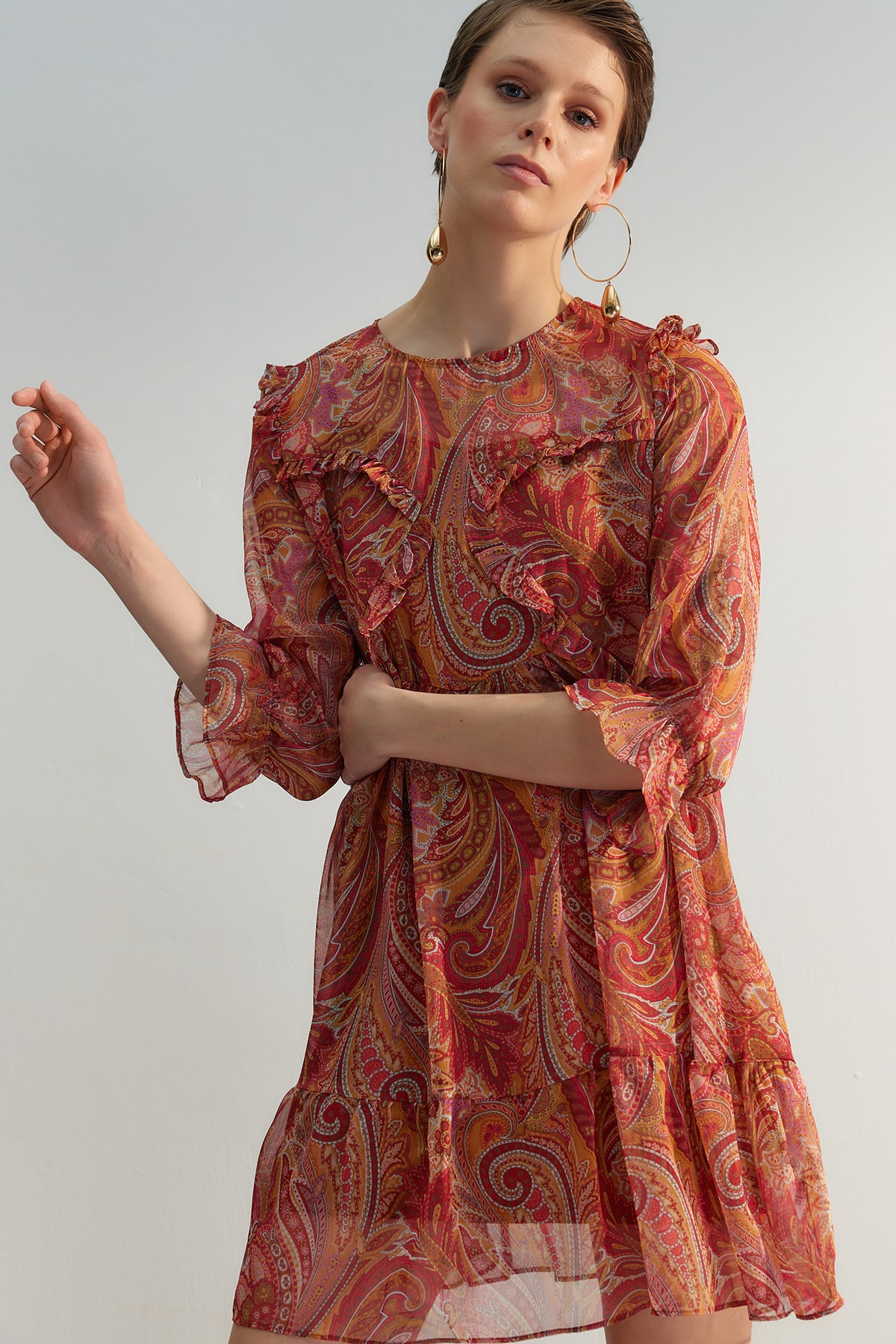 Trendyol Tile Plain Cut Mini Weave Chiffon Lined Ruffle Paisley Model Rochie Rochie