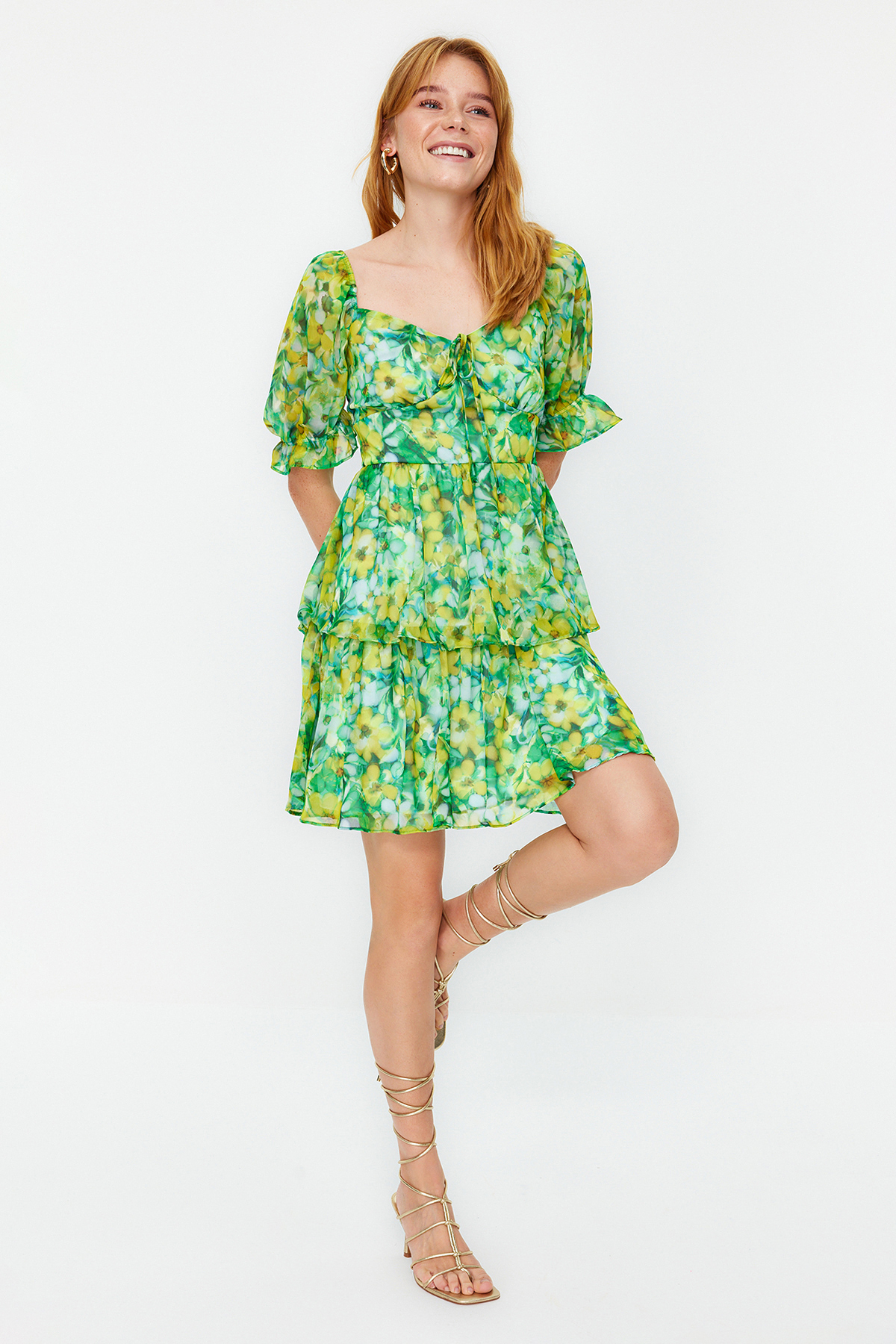 Levně Trendyol Green Floral Skirt Flounce Chiffon Lined Mini Woven Dress