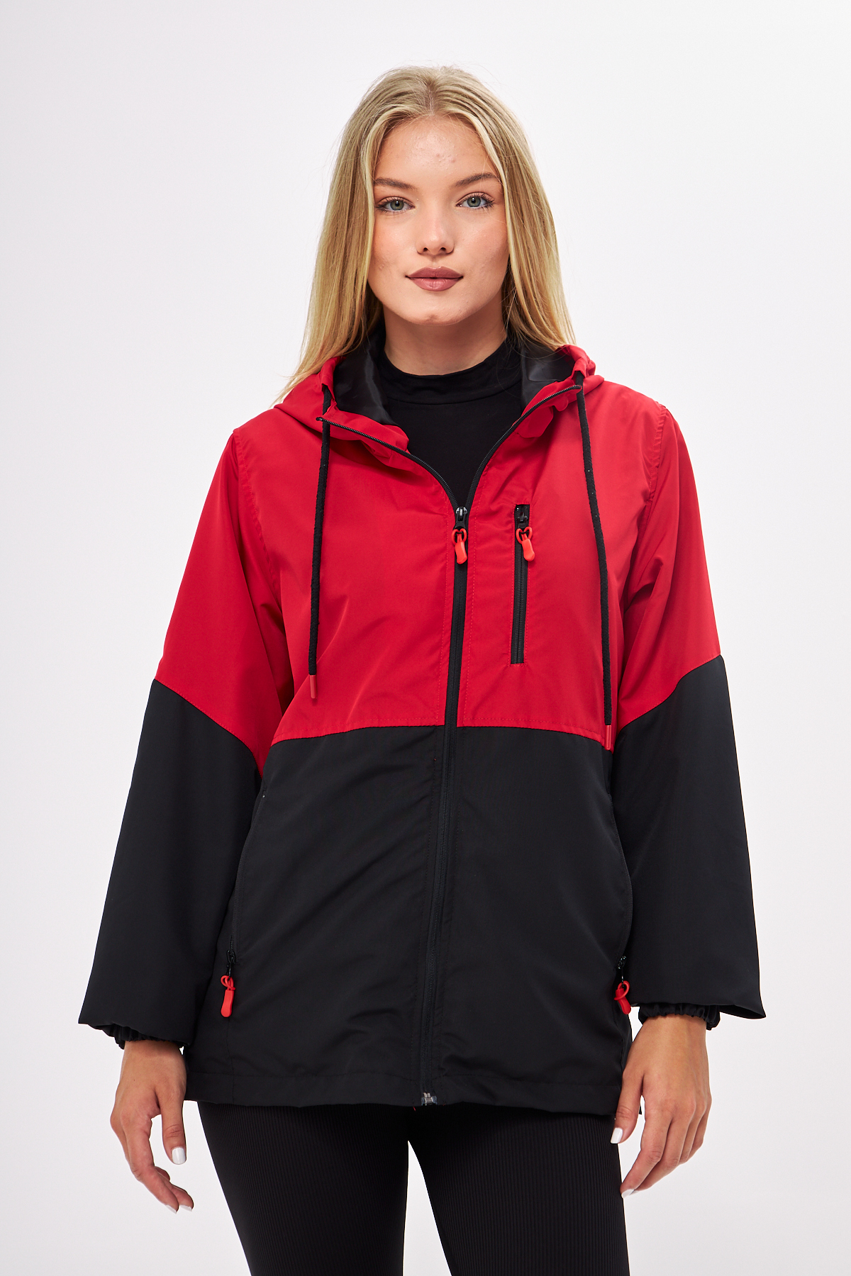 Levně River Club Women's Red-Black Two-tone Lined Water And Windproof Hooded Raincoat With Pocket.