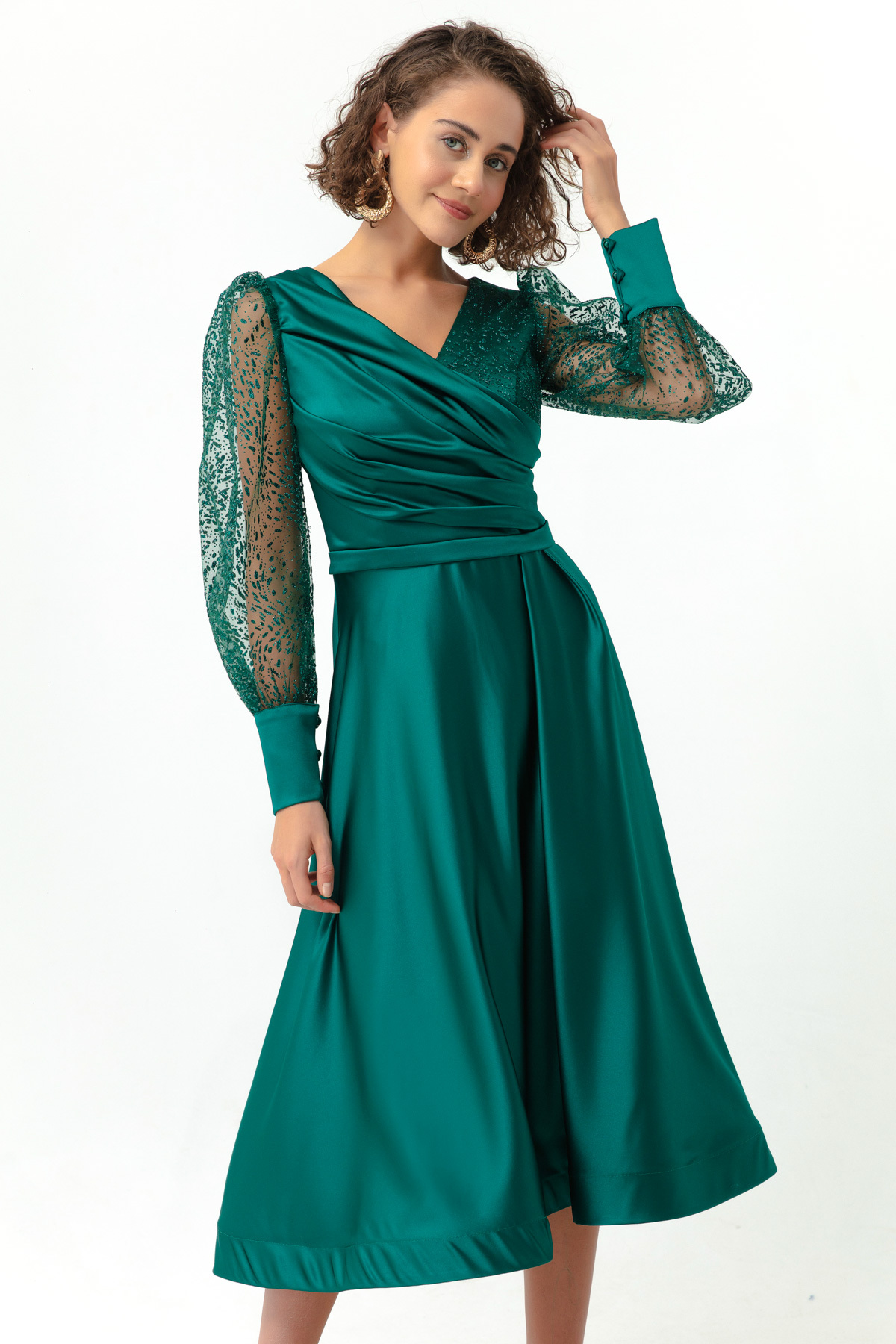 Levně Lafaba Women's Emerald Green Double Breasted Collar Silvery Midi Satin Evening Dress