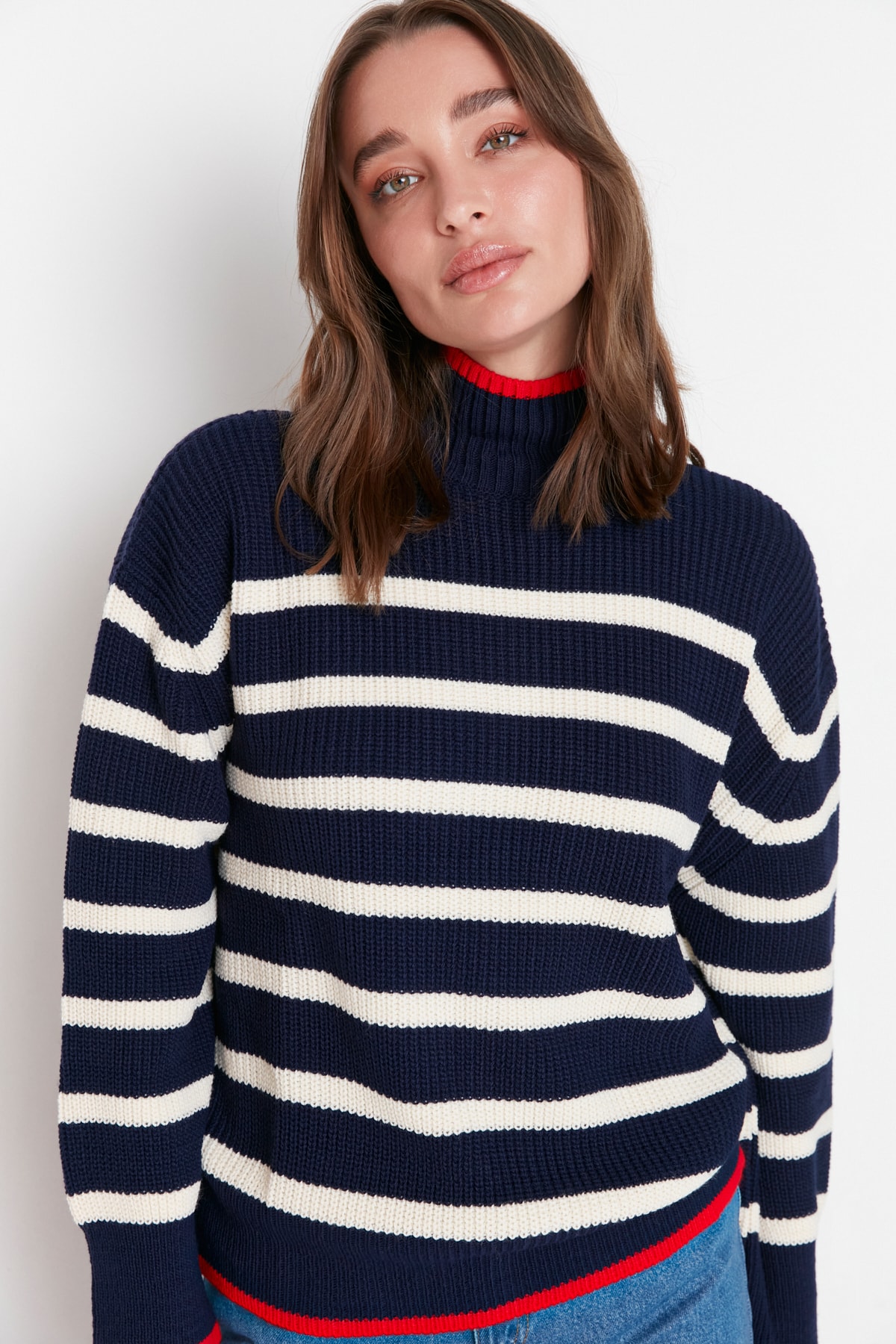Levně Trendyol Navy Široký vzor pruhovaný pletený svetr