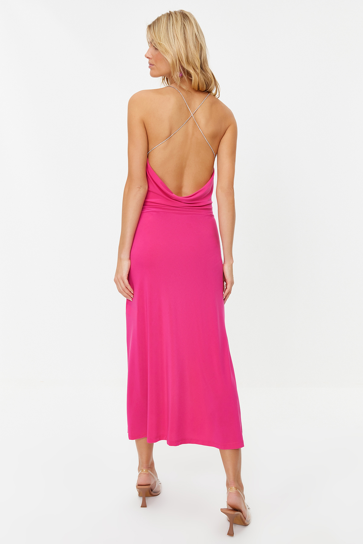Trendyol Fuchsia Stone Accessory Detailed Knitted Elegant Evening Dress