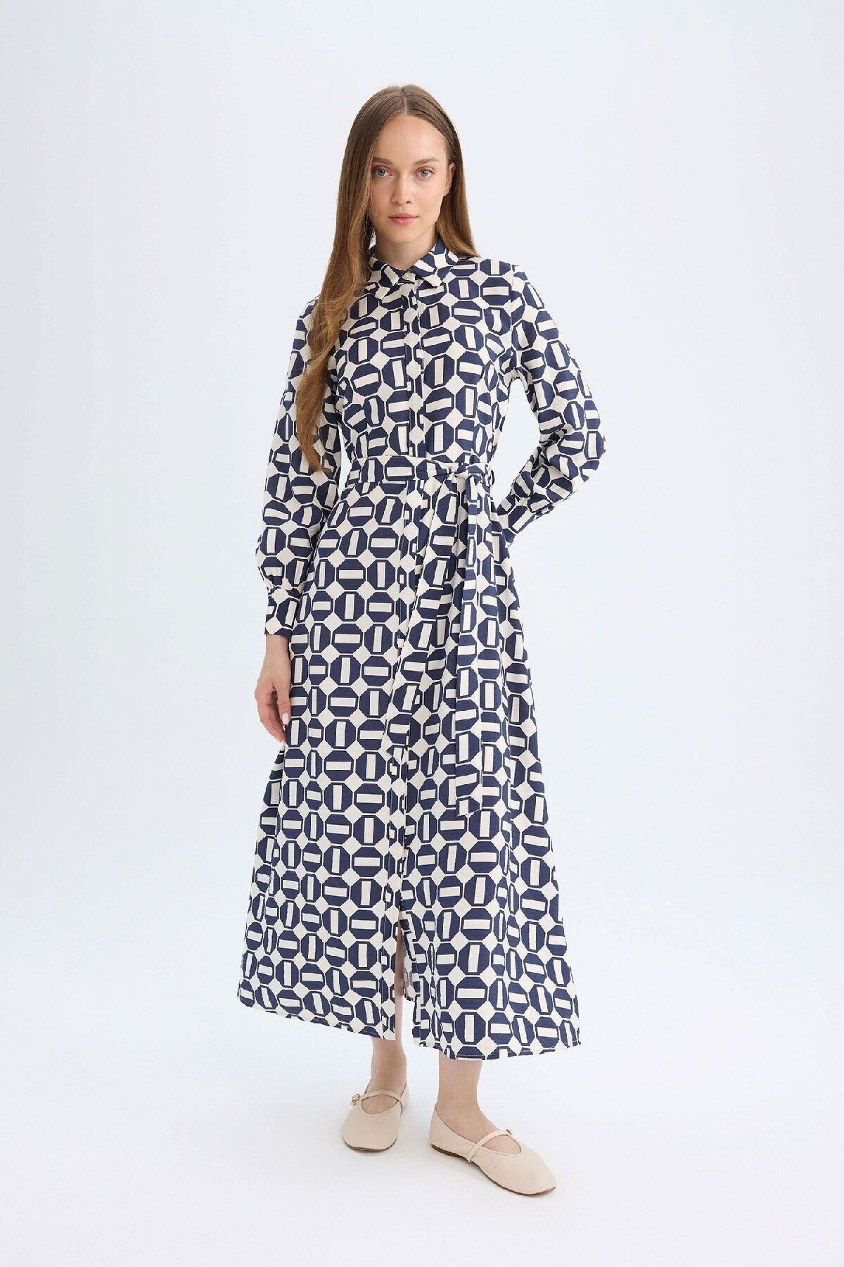 DEFACTO Shirt Collar Printed Long Sleeve Maxi Dress