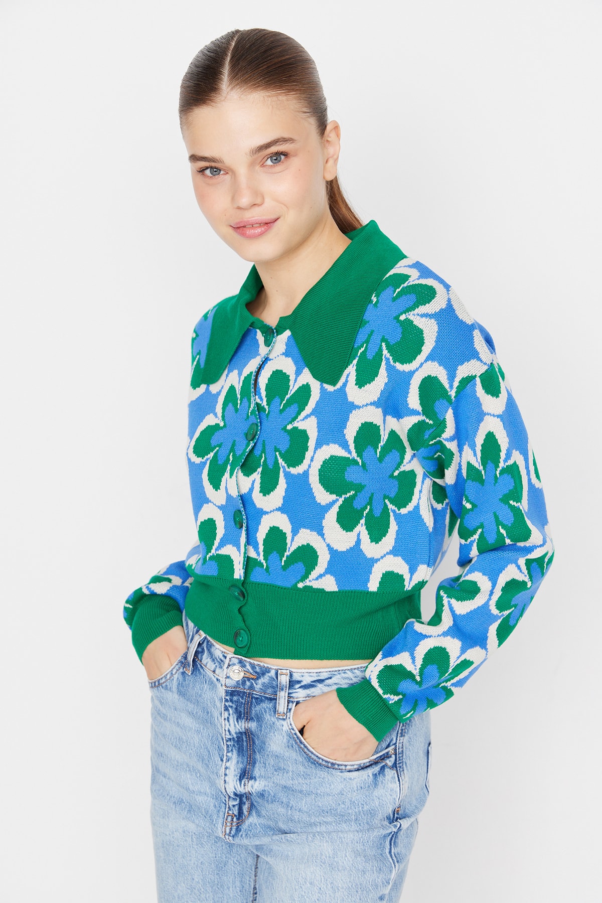 Trendyol Green Crop Patterned Knitwear Cardigan