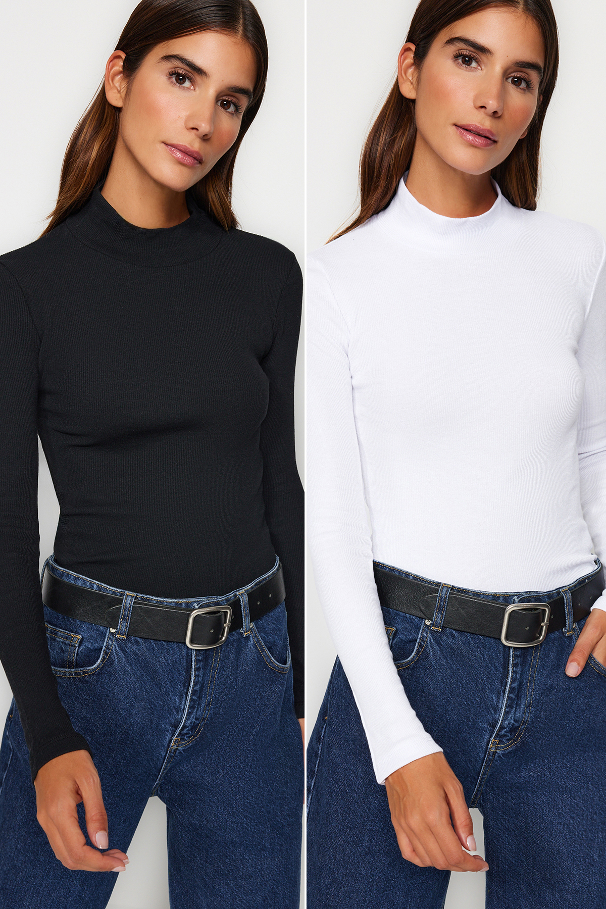 Trendyol Black-White 2 Pack Ribbed Stand Collar Fitted Long Sleeve Stretchy Knitted Blouse