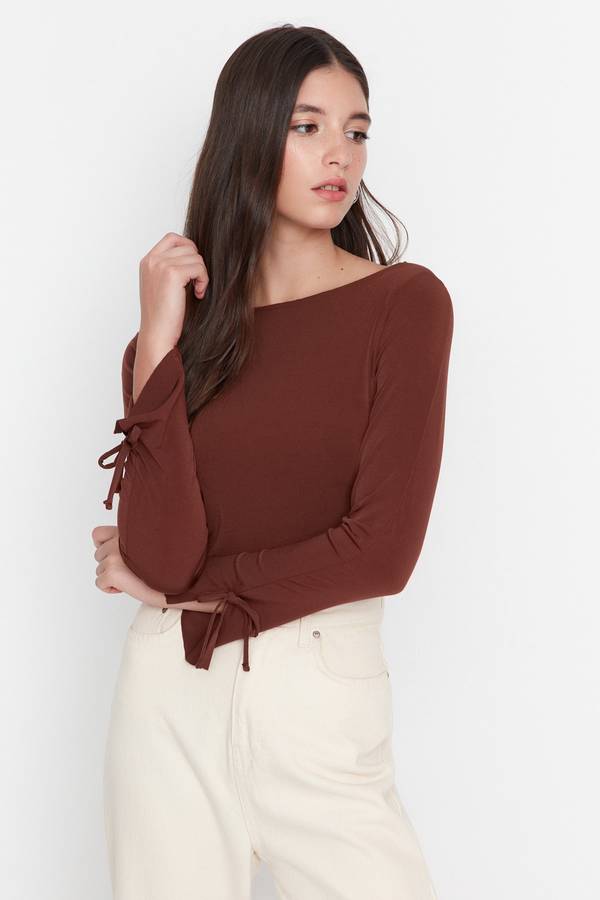 Trendyol Brown Flare Sleeve Detailed Crop Knitted Blouse